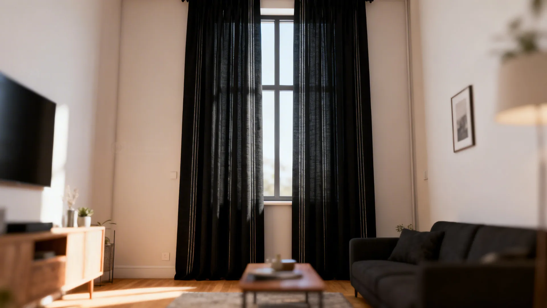 Small living room with full-height linen-black curtains creating a taller feel