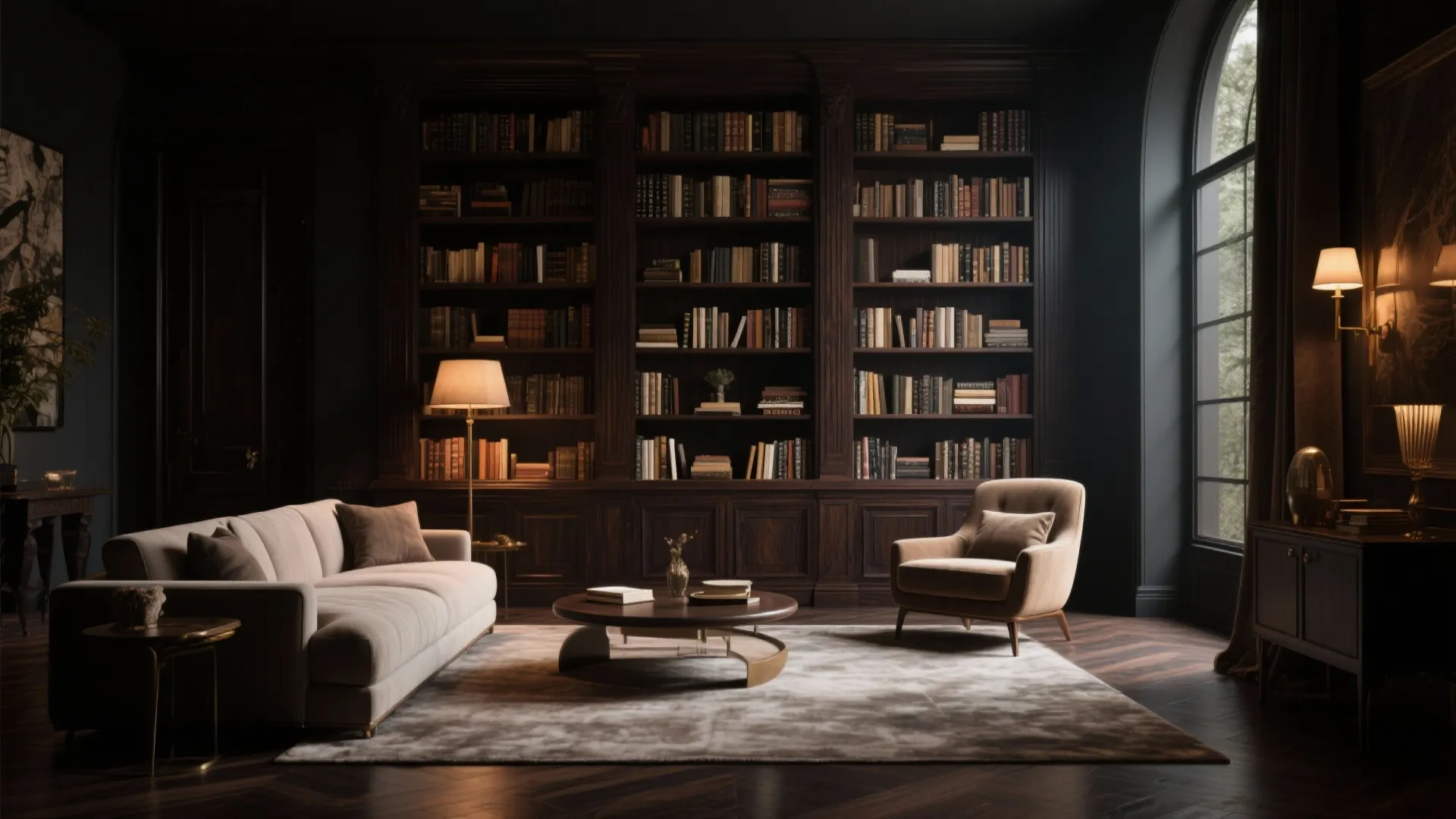 Dark wood floor-to-ceiling bookcase in a luxurious living room