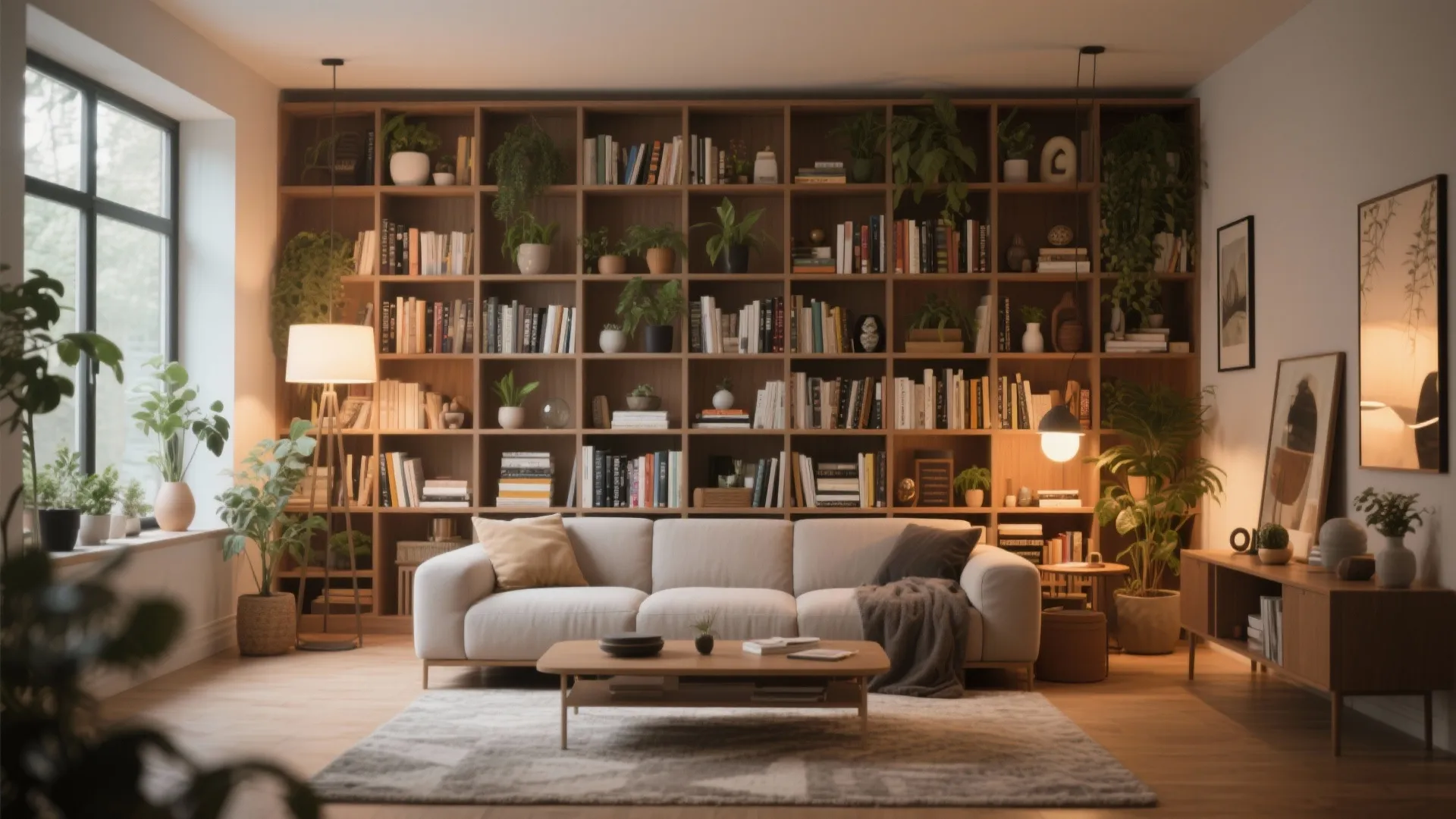 Living room wall filled with bookshelves and decor