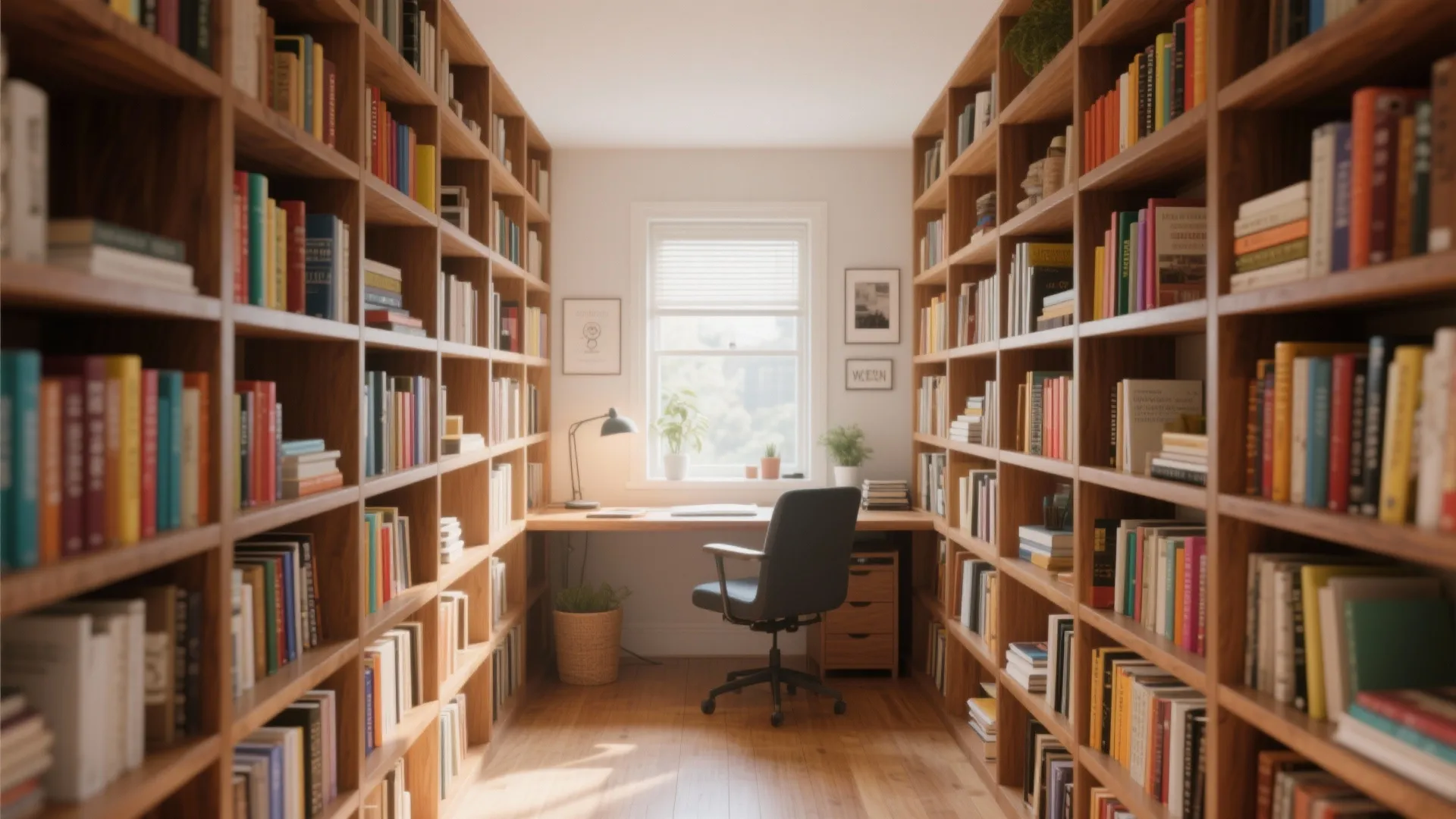 Narrow home library featuring floor to ceiling wooden bookshelves black chair desk and bright window