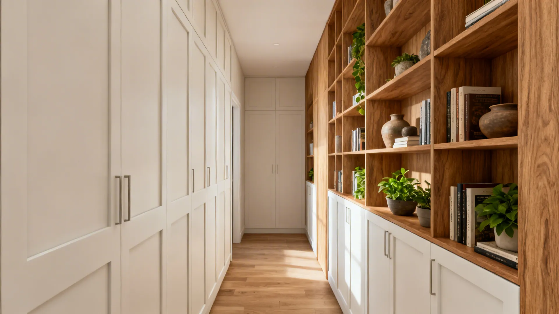 Floor-to-ceiling cabinetry with closed lower cabinets and open styled shelves in a small living room
