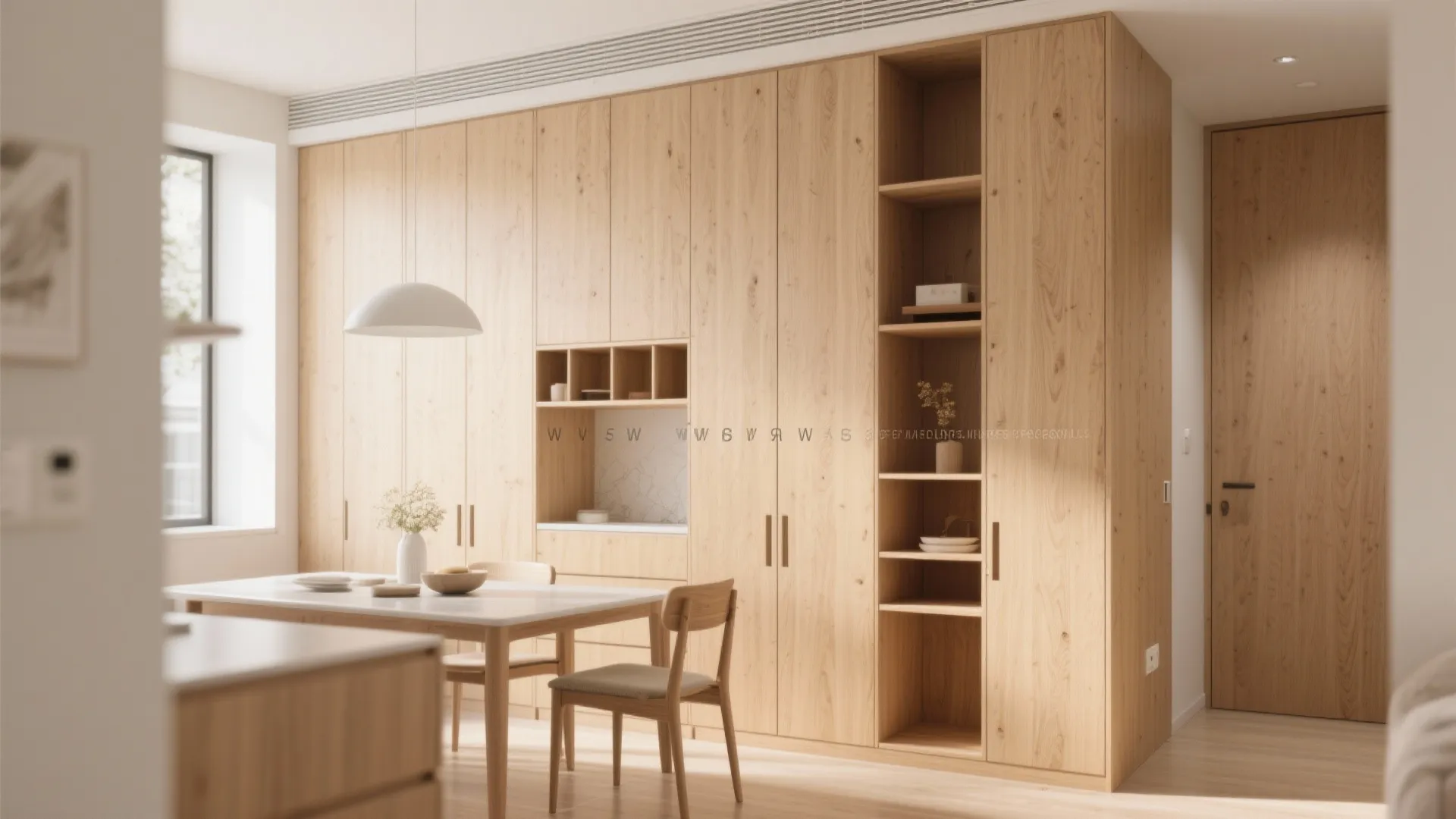 Floor to ceiling light wood storage cabinets integrated into a dining room with white walls