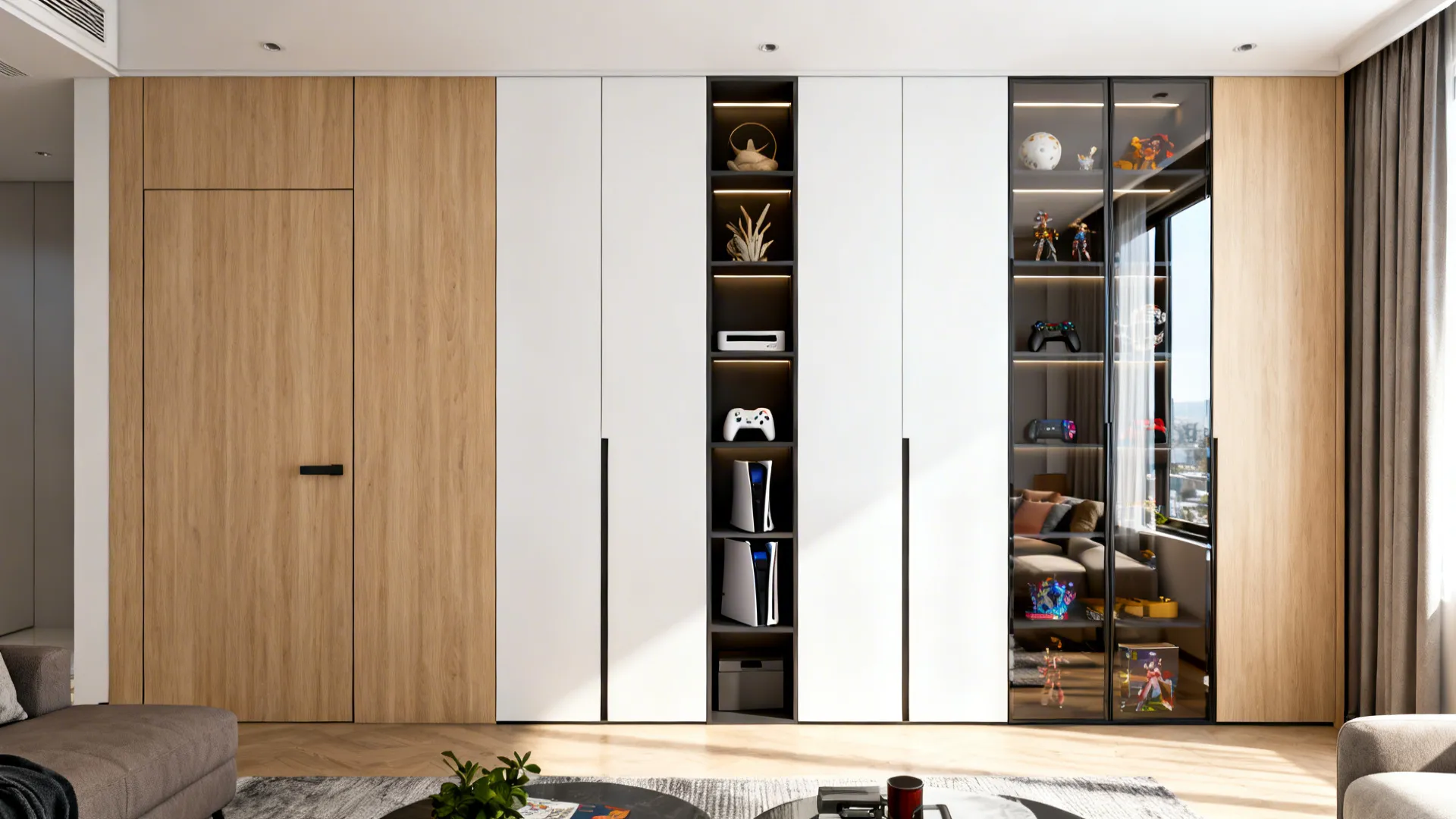 Floor-to-ceiling built-in cabinets with open shelving and light wood veneer in a small living room.