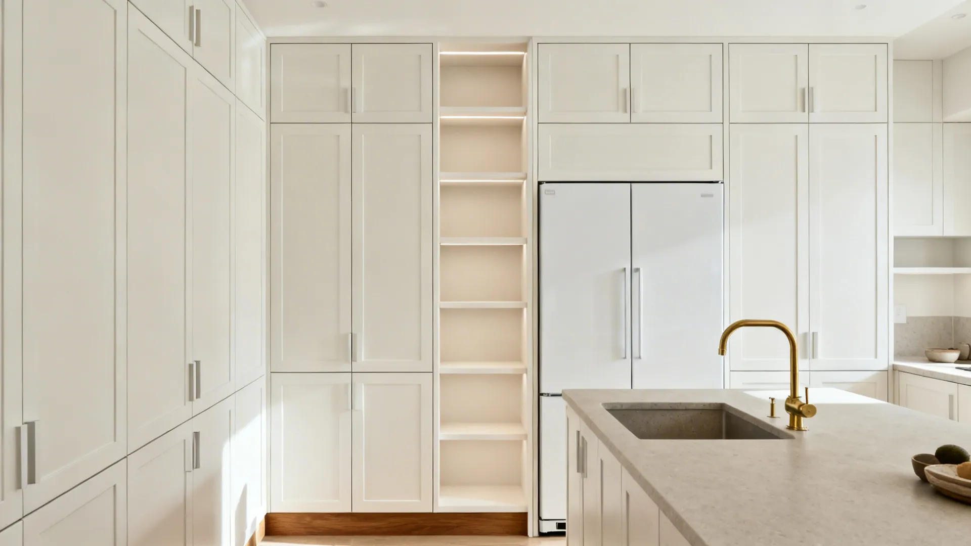 Minimalist floor-to-ceiling white cabinets create a streamlined storage wall in a small kitchen.