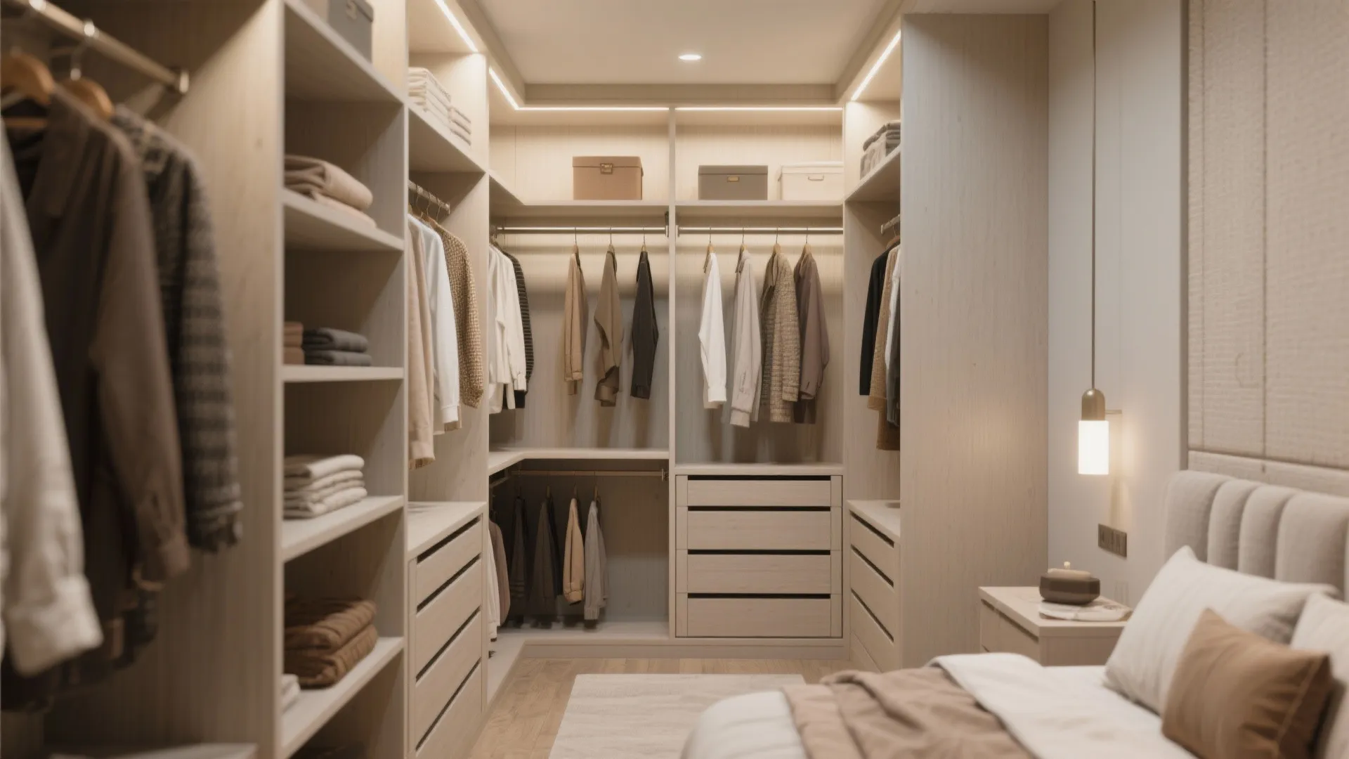 Well organized walk in closet with light wood shelves hanging clothes and drawers near bedroom