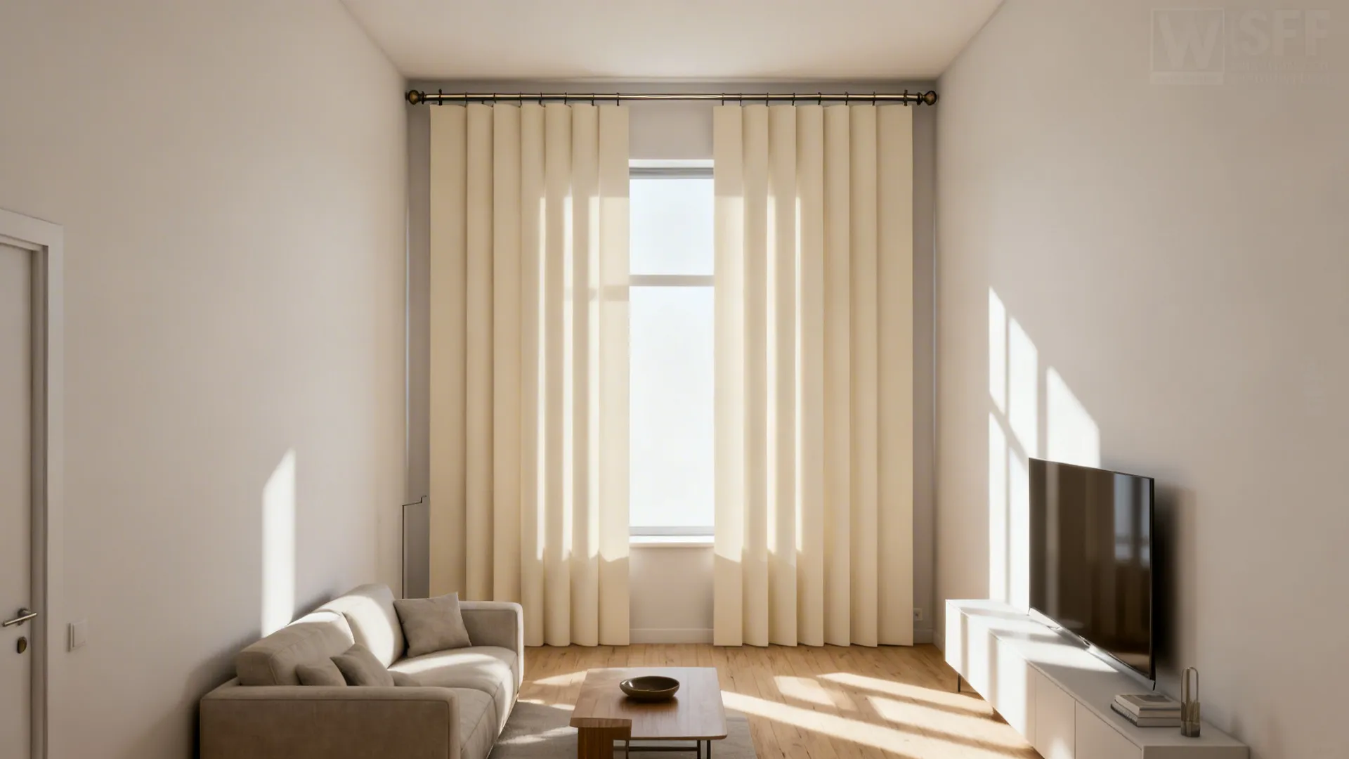 Small living room with floor-to-ceiling cream panels that visually raise the ceiling