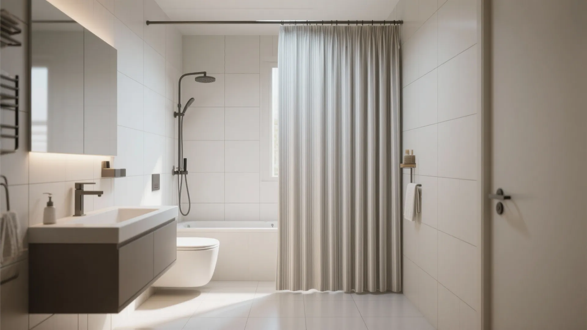Modern white bathroom featuring grey sink cabinet toilet bathtub and long grey striped fabric curtain