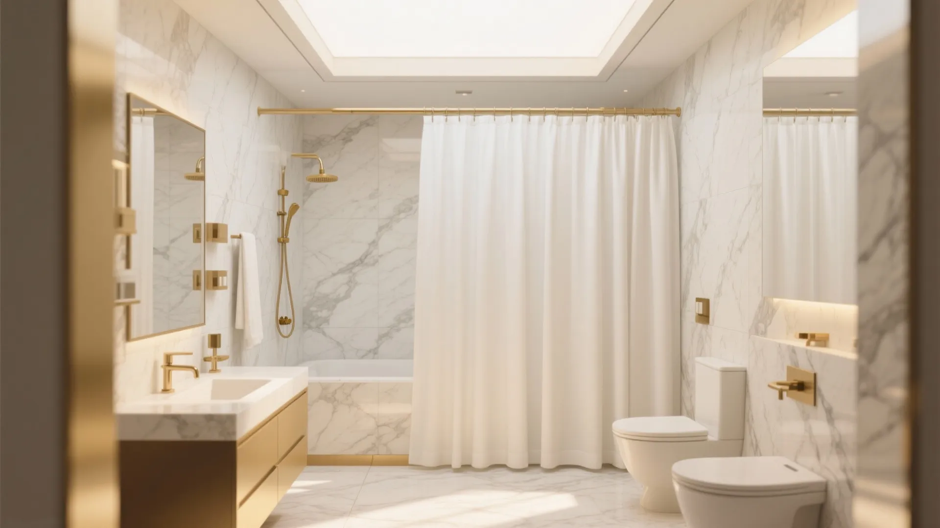 Luxury marble bathroom with white shower curtain gold fixtures large mirrors and a bright skylight