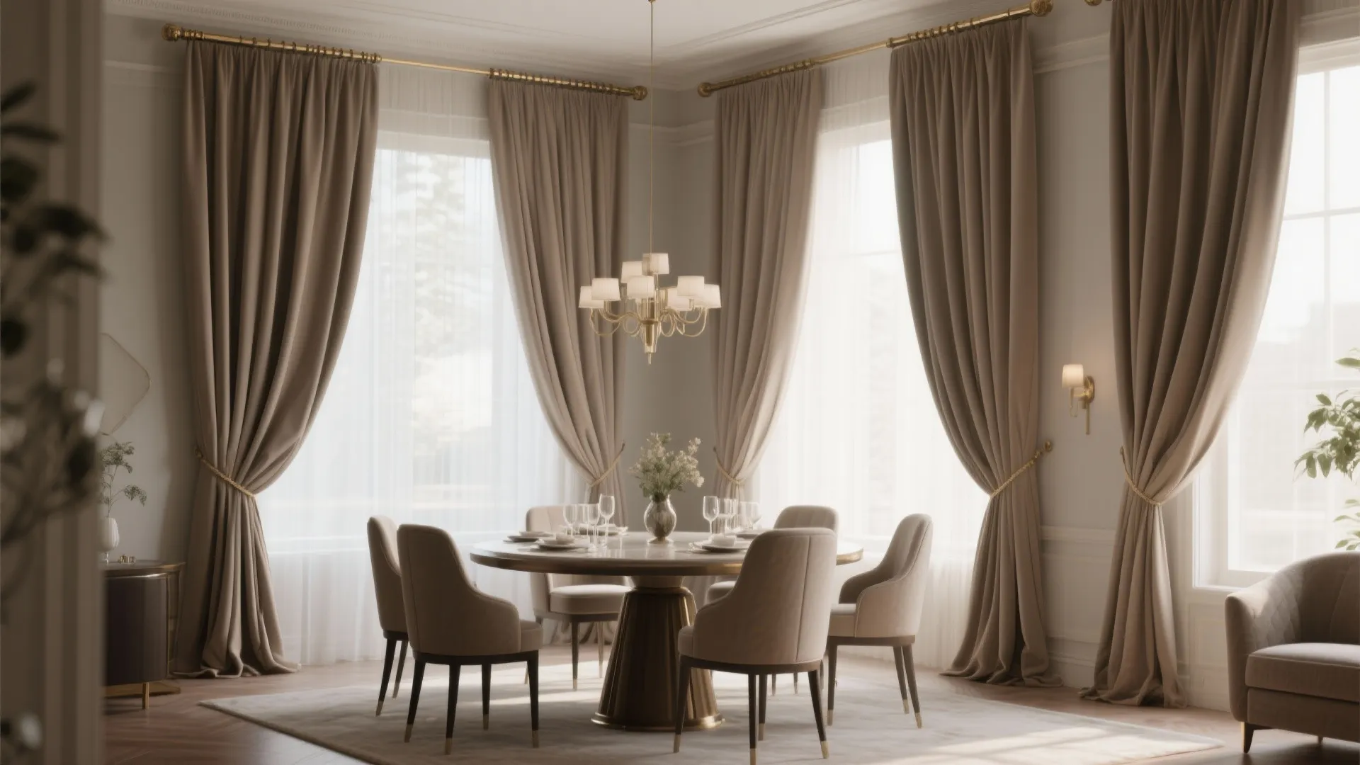 Elegant dining room with brown floor to ceiling curtains gold ceiling light and round marble table
