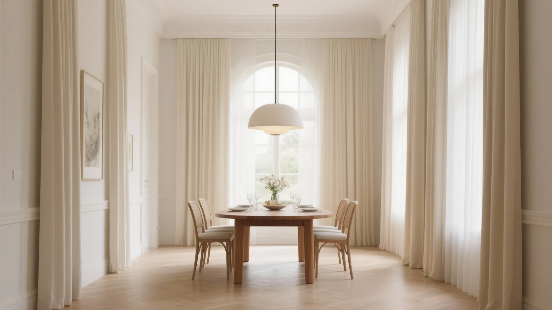 Floor-to-ceiling curtains creating an elegant dining atmosphere