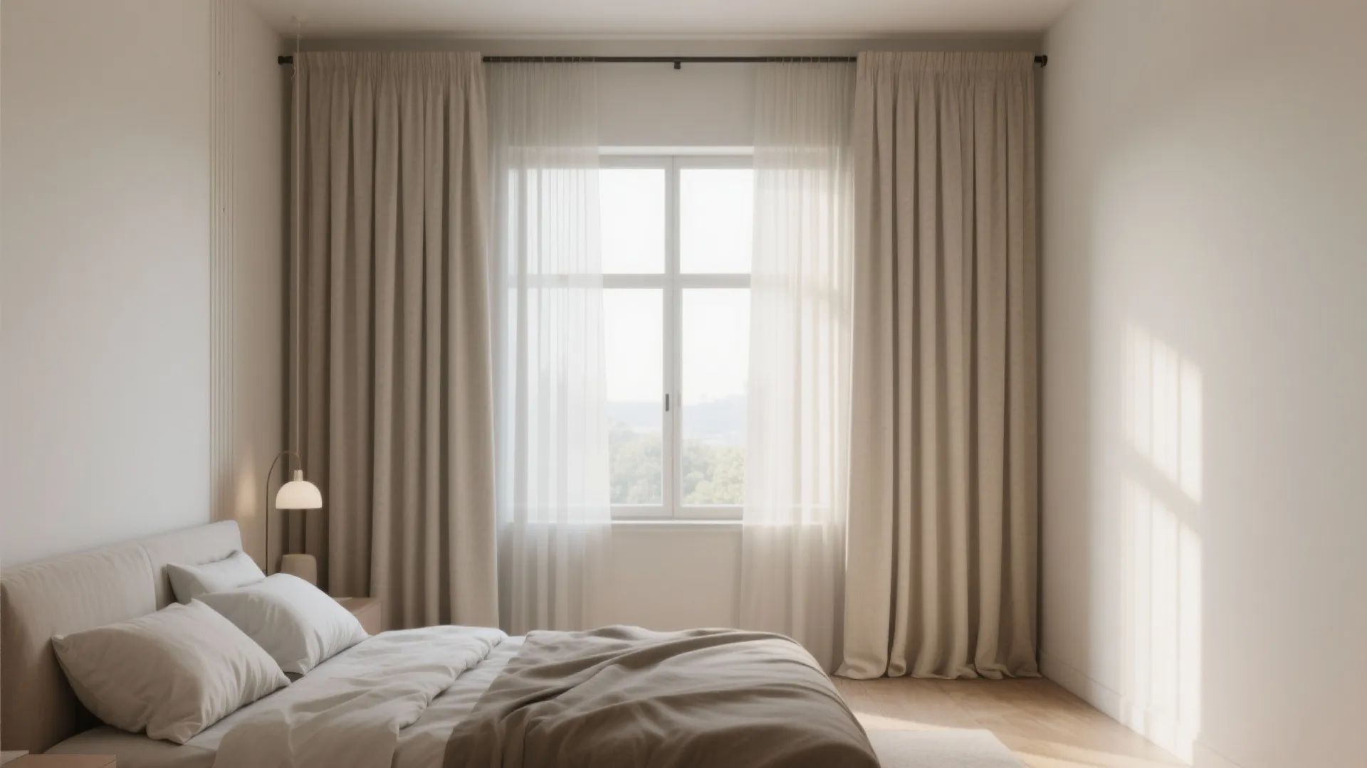 Modern bedroom featuring beige floor to ceiling curtains over a window beside a white bed