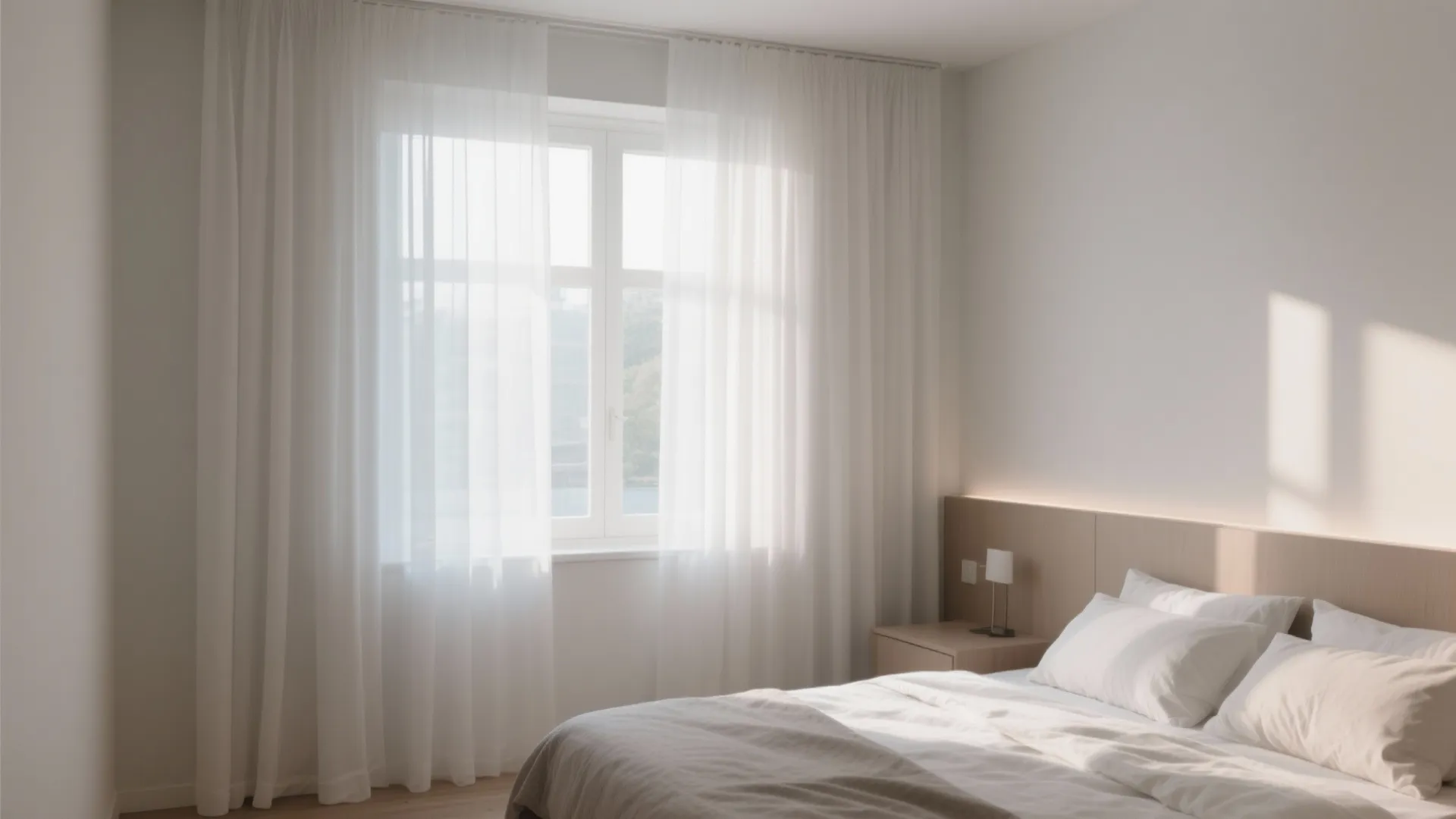 Bright bedroom with white sheer curtains over window next to a bed with light wood headboard