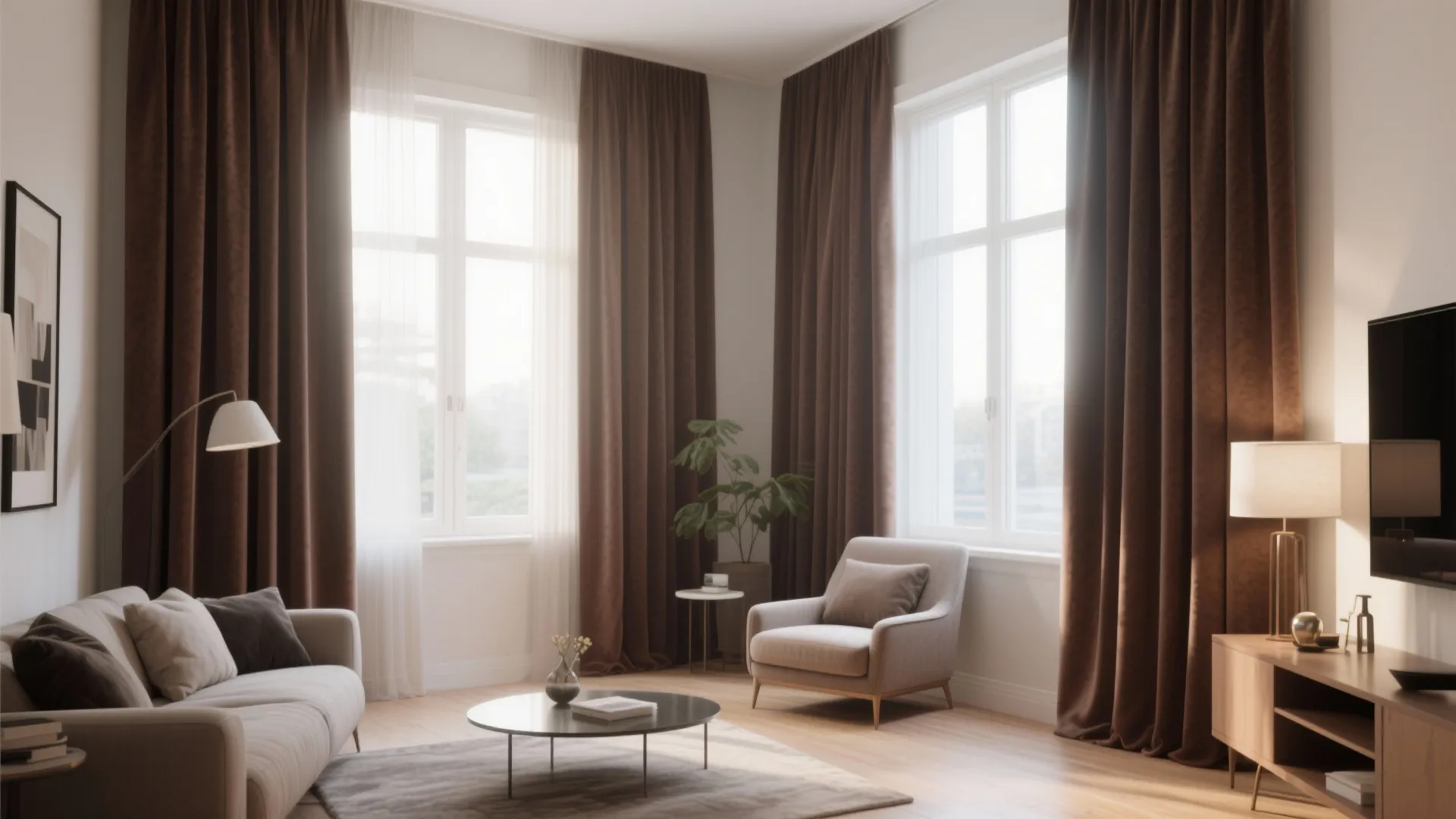 Living room featuring brown floor to ceiling curtains beige sofa armchair and round coffee table