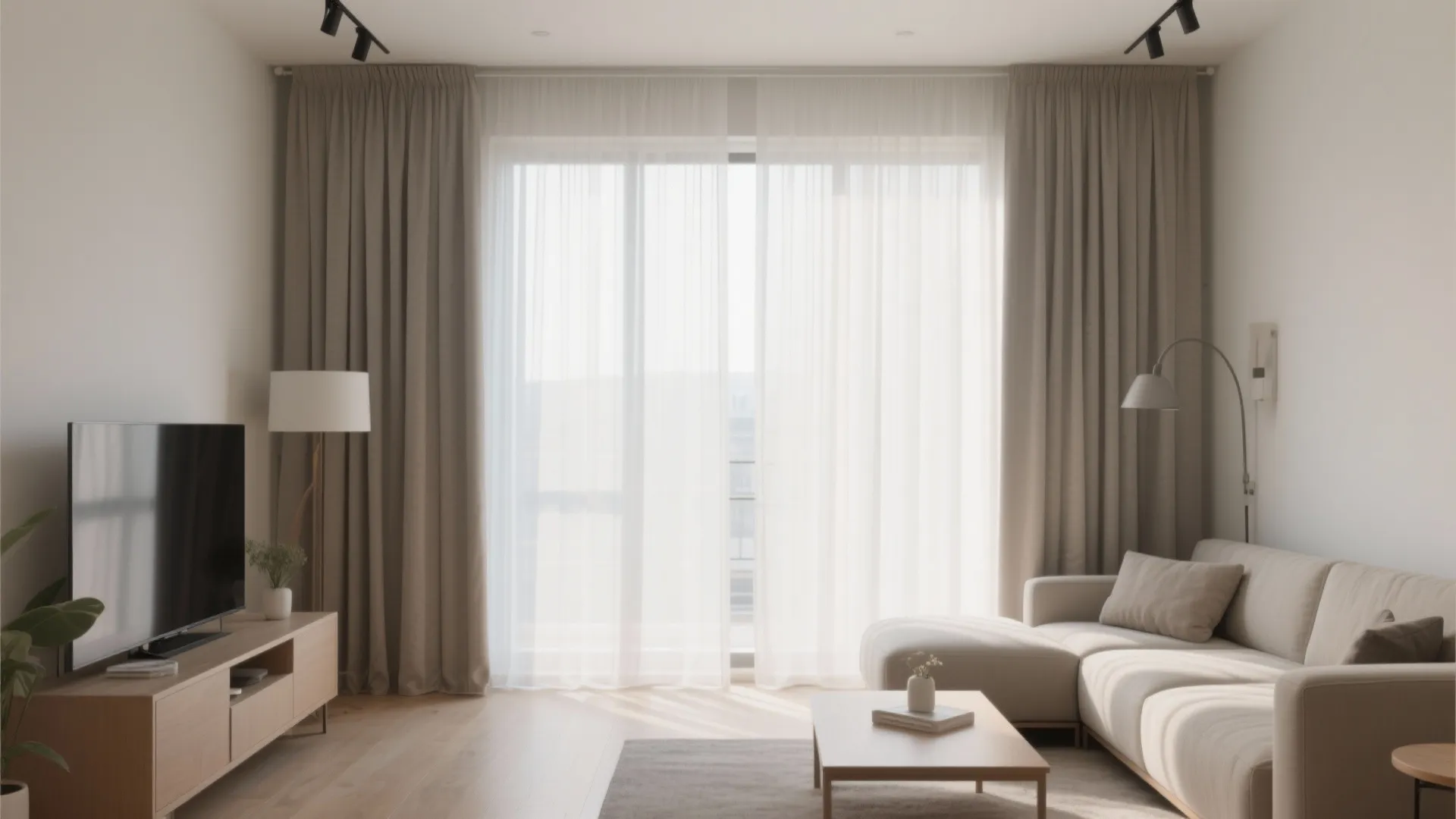 Minimalist living room featuring beige floor to ceiling curtains wooden television cabinet and a light sofa