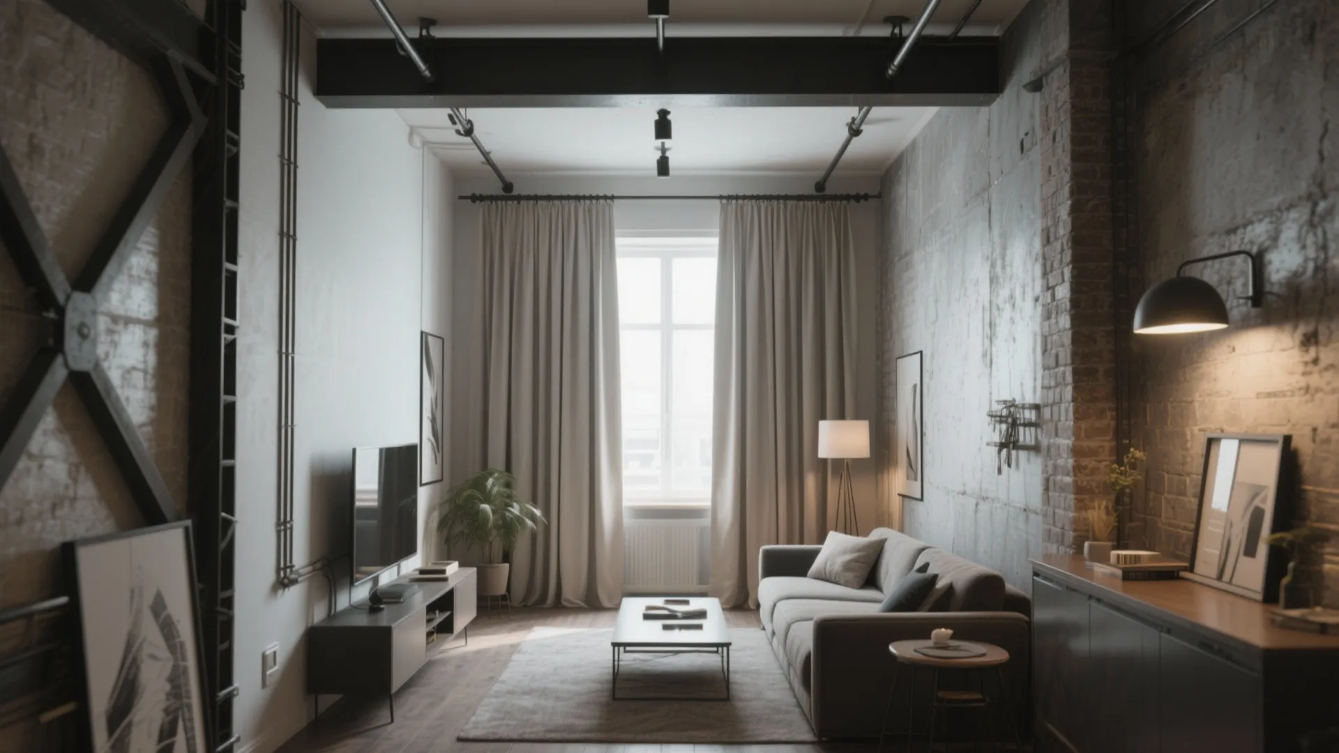 Industrial living room with brick walls grey sofa black track lights and long floor window curtains