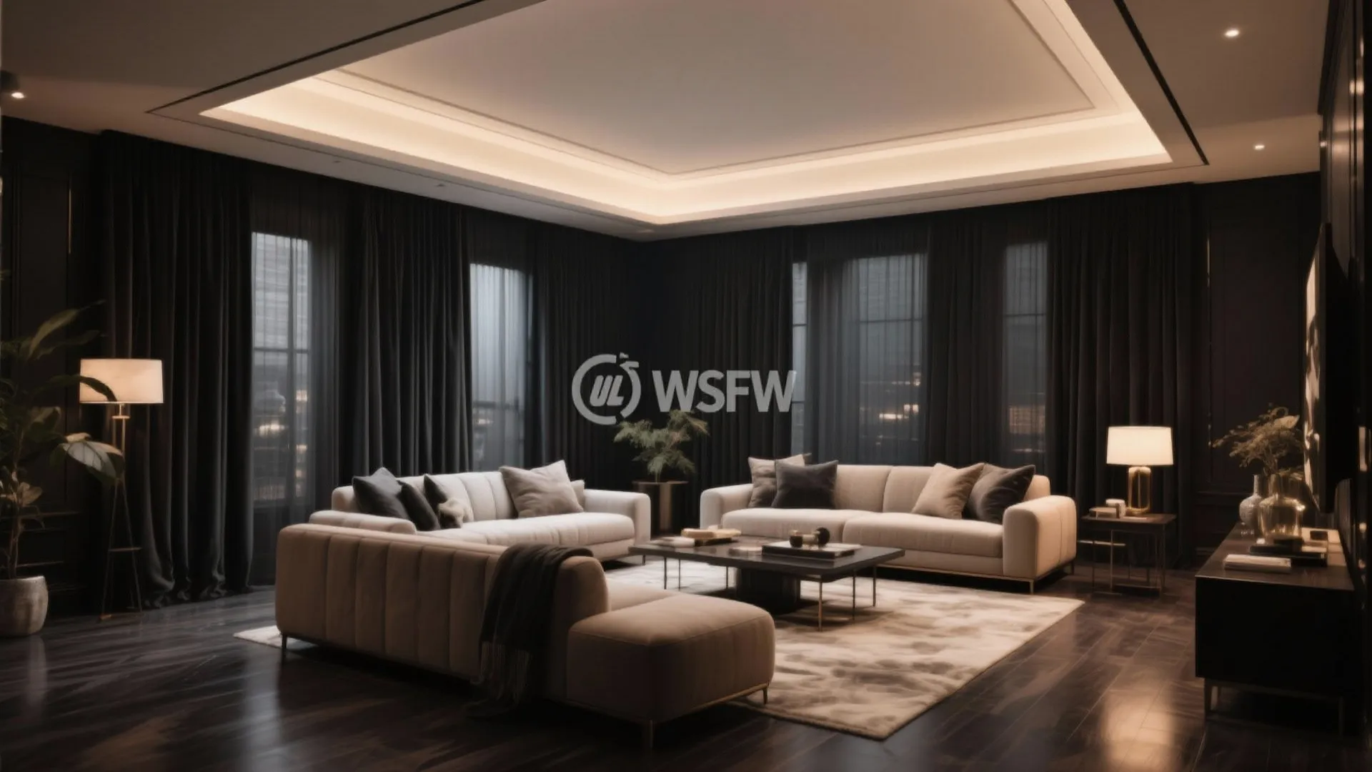 Modern dark living room featuring floor to ceiling black curtains cream sofas and warm lighting