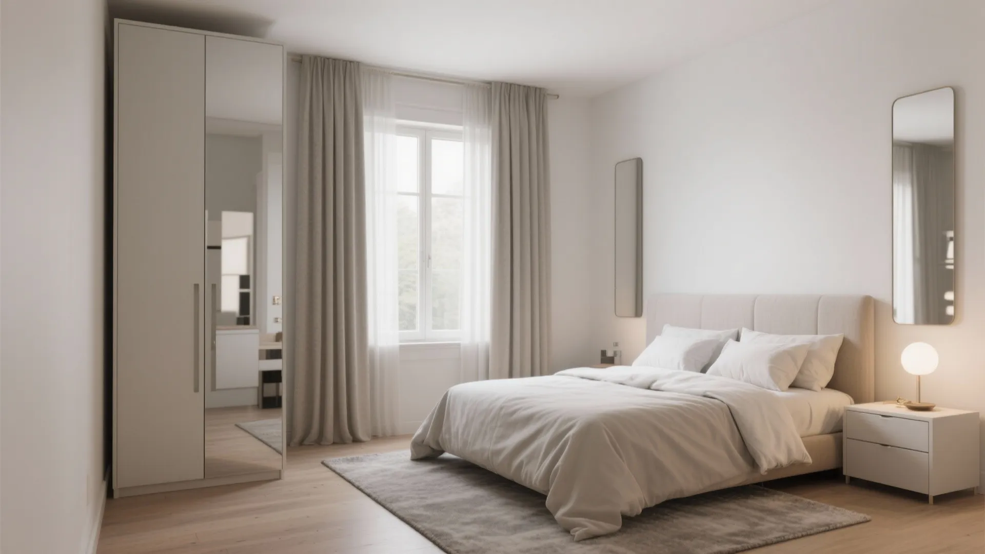 5) Floor-to-ceiling curtains and a tall, narrow wardrobe