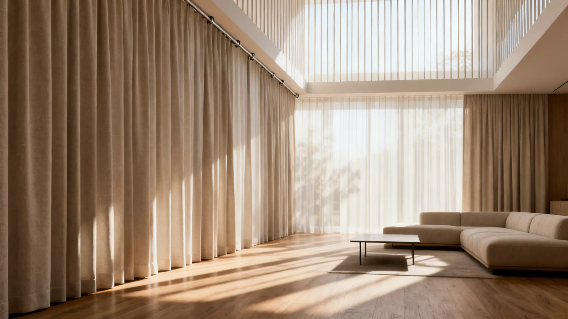 Tall beige curtains in a large living room with a grey sofa and bright natural light