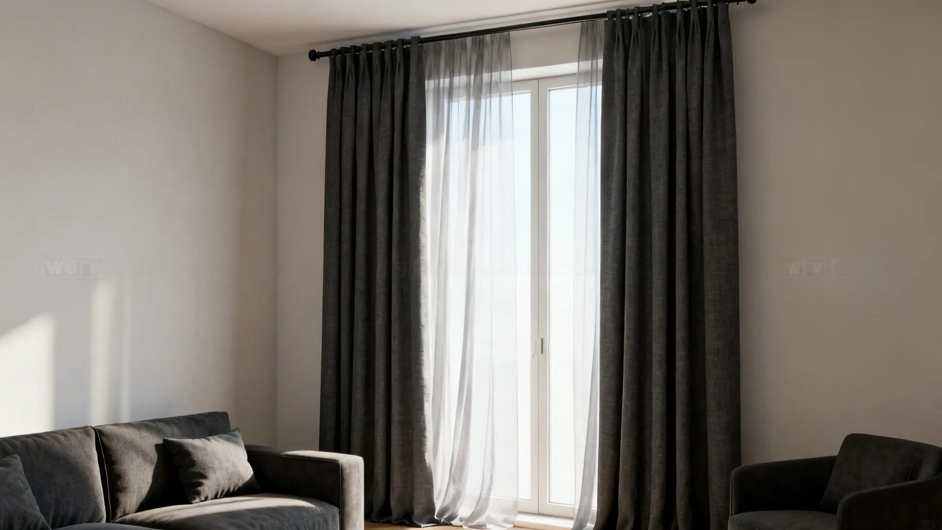Tall living room window with floor-to-ceiling dark grey linen-blend curtains hung from a ceiling-mounted rod.