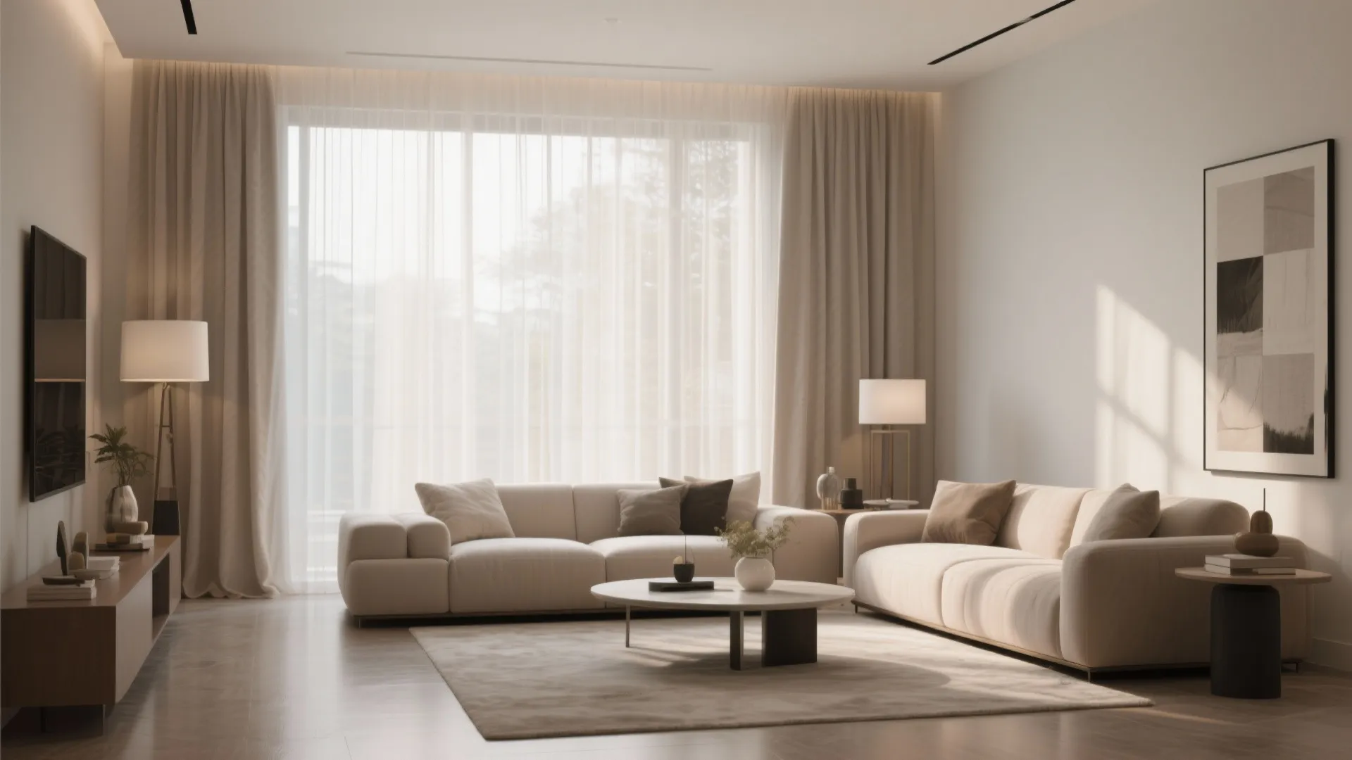 Modern living room with beige sofas floor to ceiling curtain marble coffee table and wall light