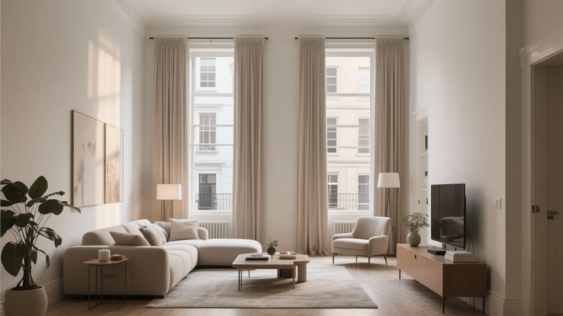 Townhouse living room with full-length neutral drapes
