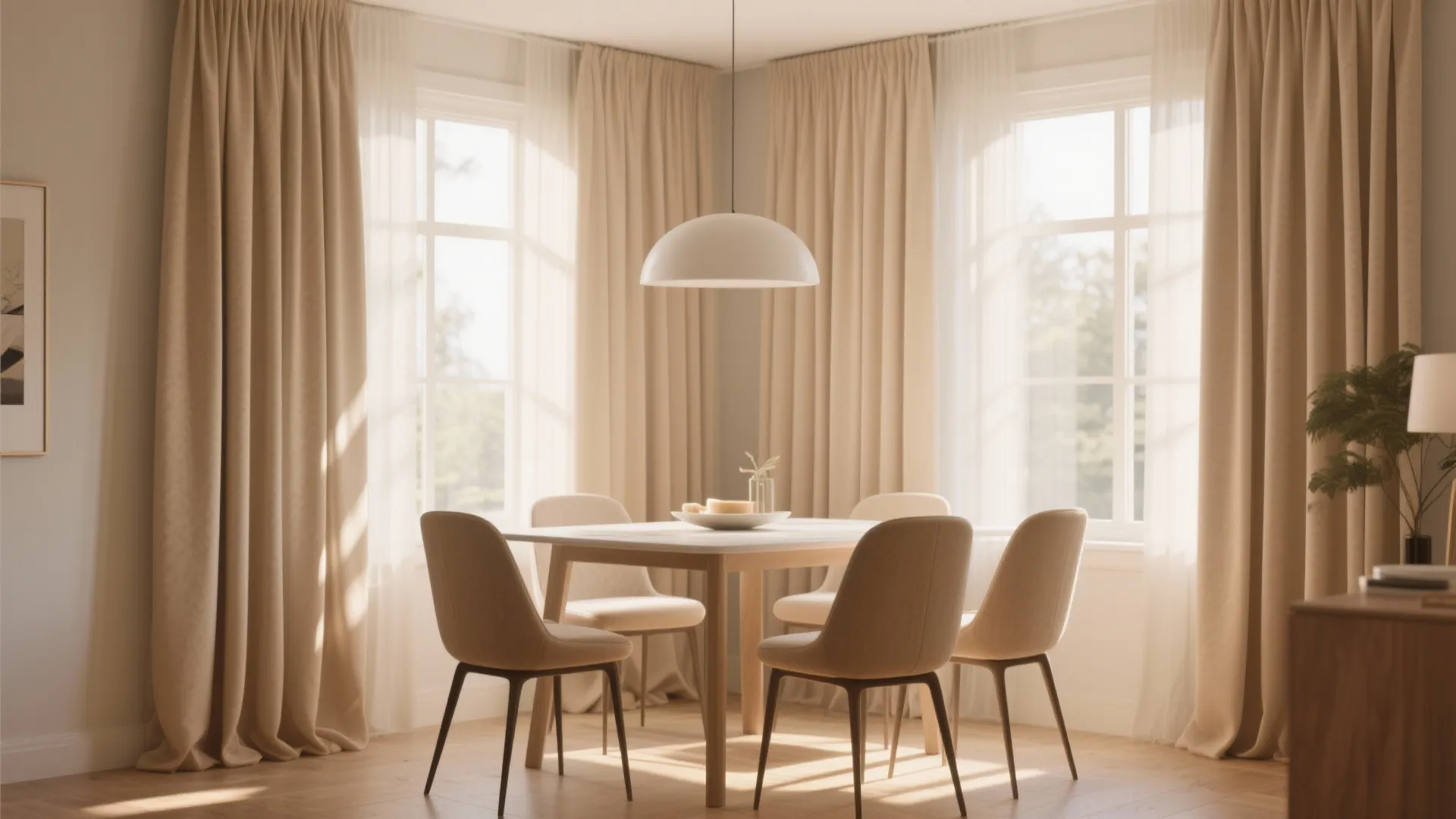 Small dining room with tall beige drapes and sunlight