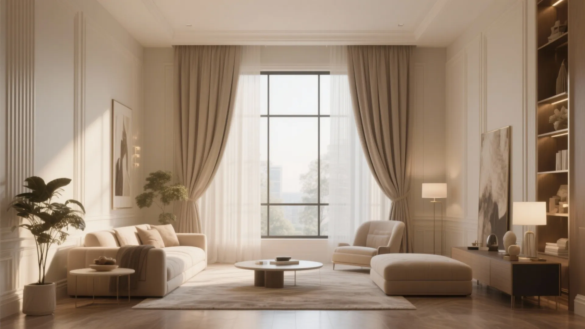 Elegant living room featuring tall beige curtains white sofa round coffee table and floor lamp