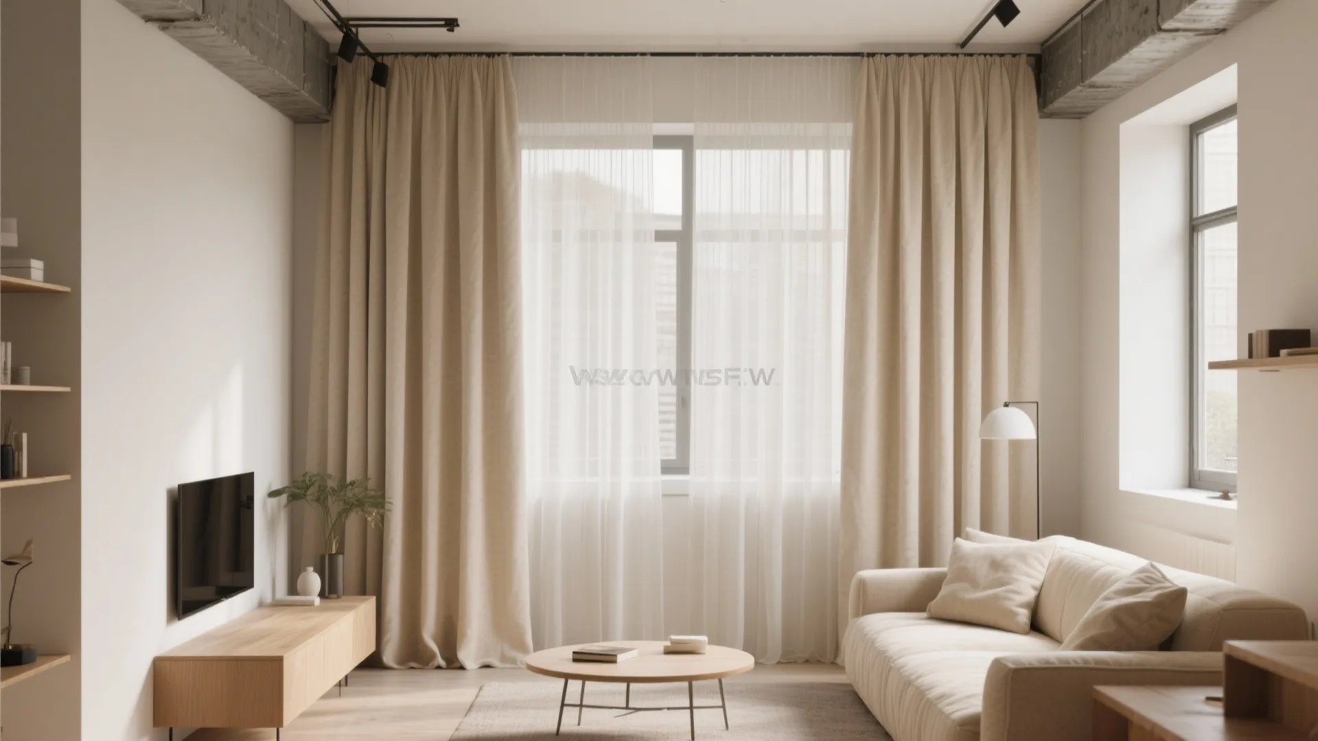 Modern living room featuring floor to ceiling beige curtain and white sofa with natural light