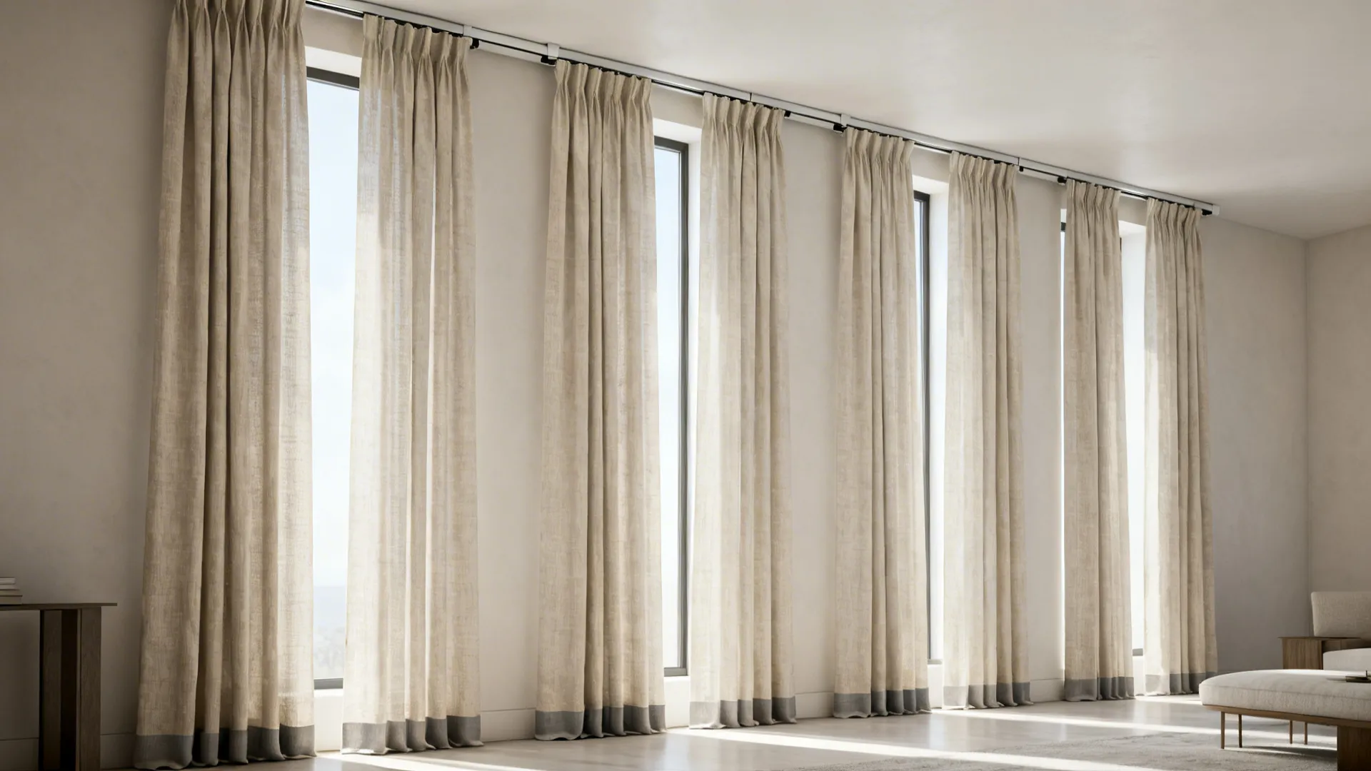Beige floor to ceiling curtains hanging on a long track in a bright minimalist room