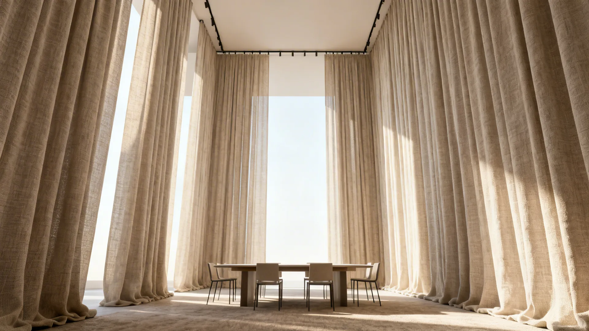 Modern dining area with long curtains hanging from high ceiling around minimalist table and chairs