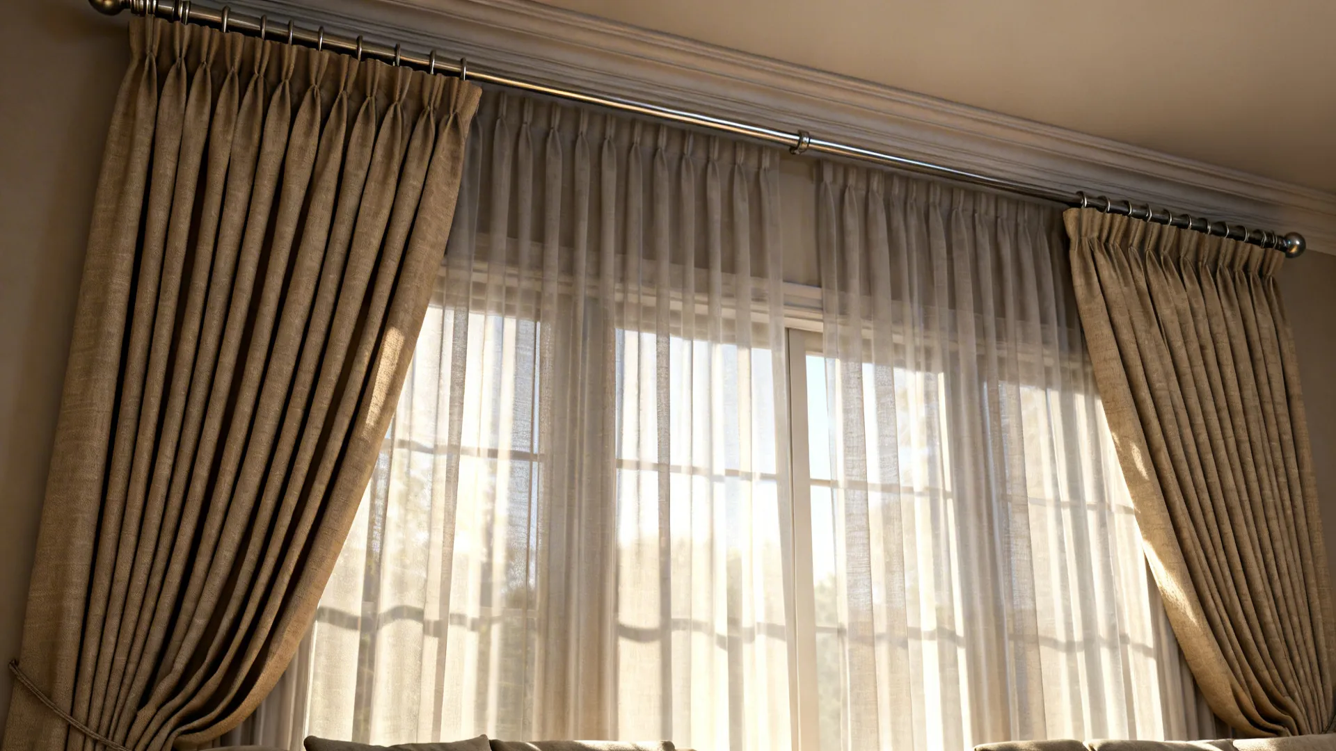 Tall living room showing floor-to-ceiling drapery layered with sheer panels and robust curtain rod.