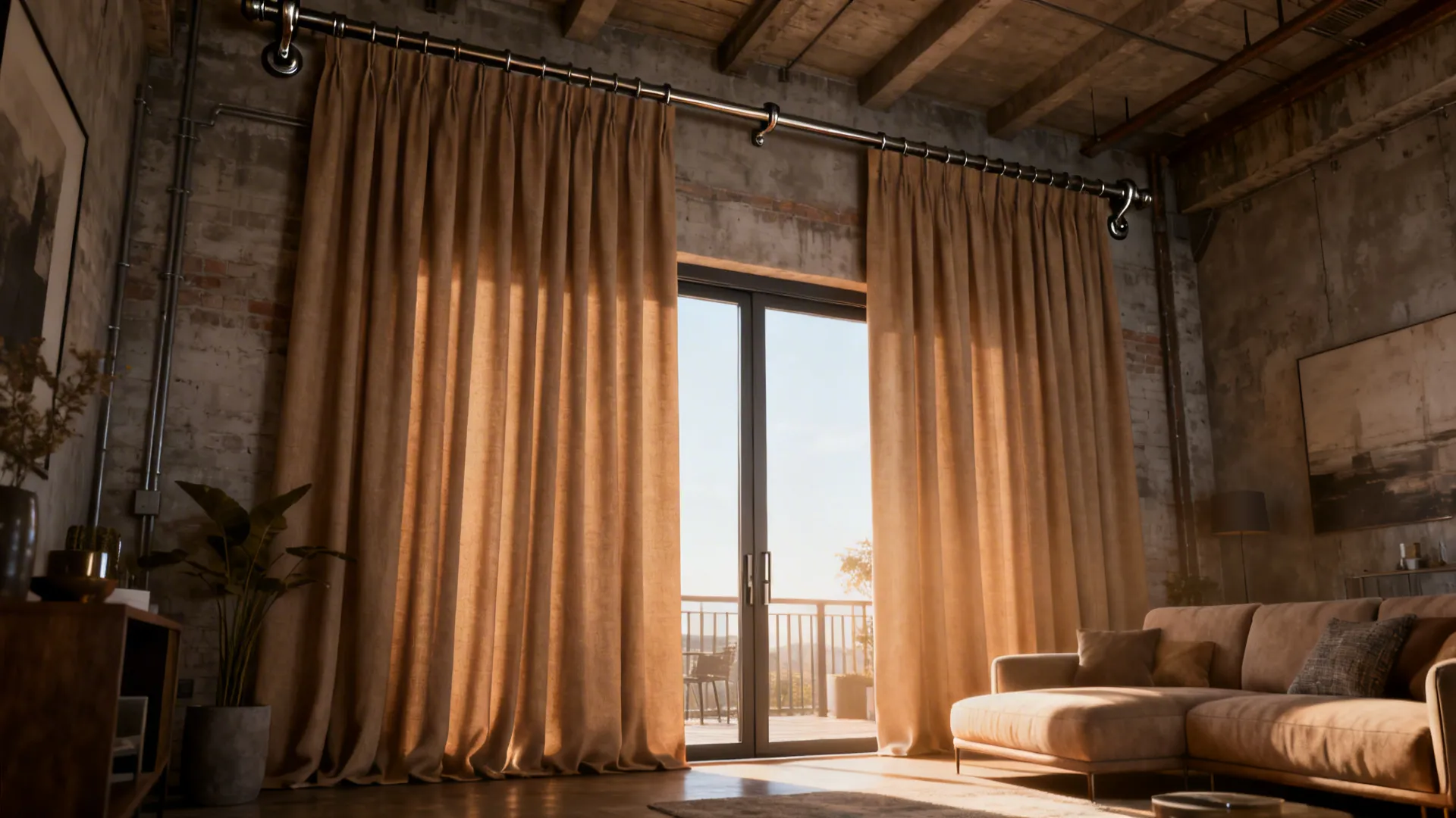 Loft-style living room with high-mounted floor-to-ceiling drapes framing a sliding glass door, creating a taller look.