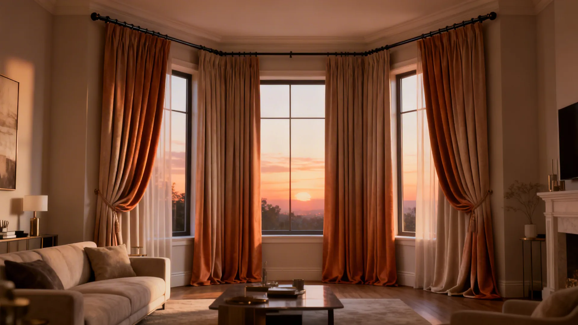 Modern living room with sofa and large windows featuring long orange and cream colored curtains