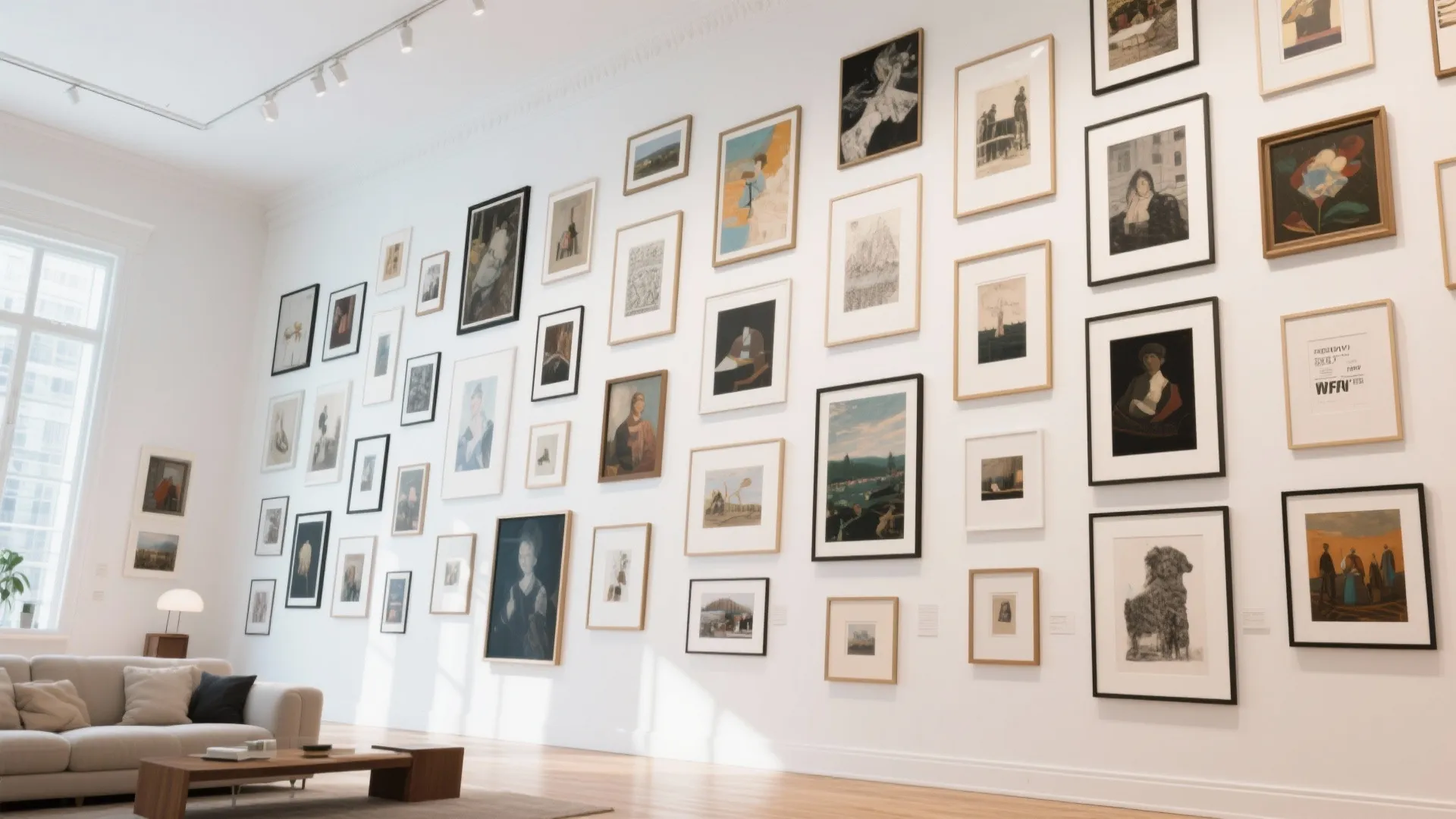 Large white wall covered in many framed pictures above a modern sofa and coffee table