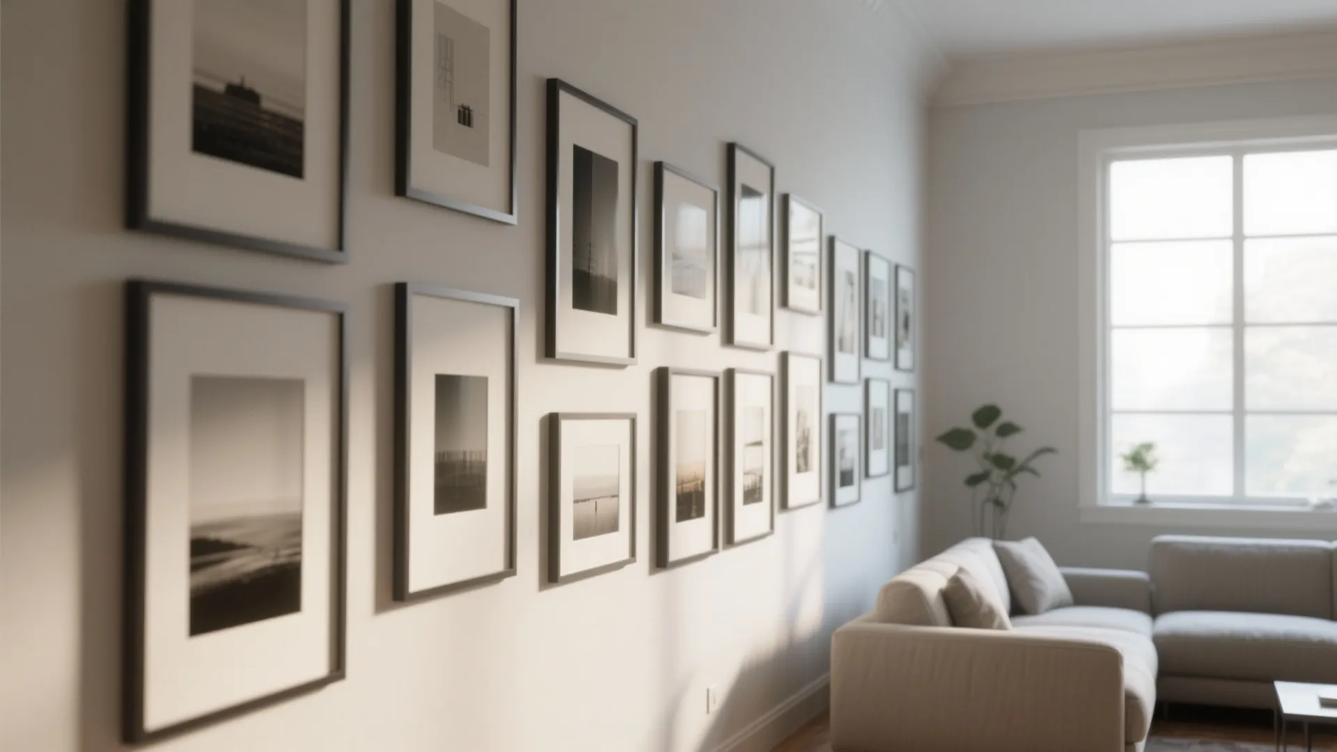 3) Floor-to-ceiling gallery wall (measured, not messy)