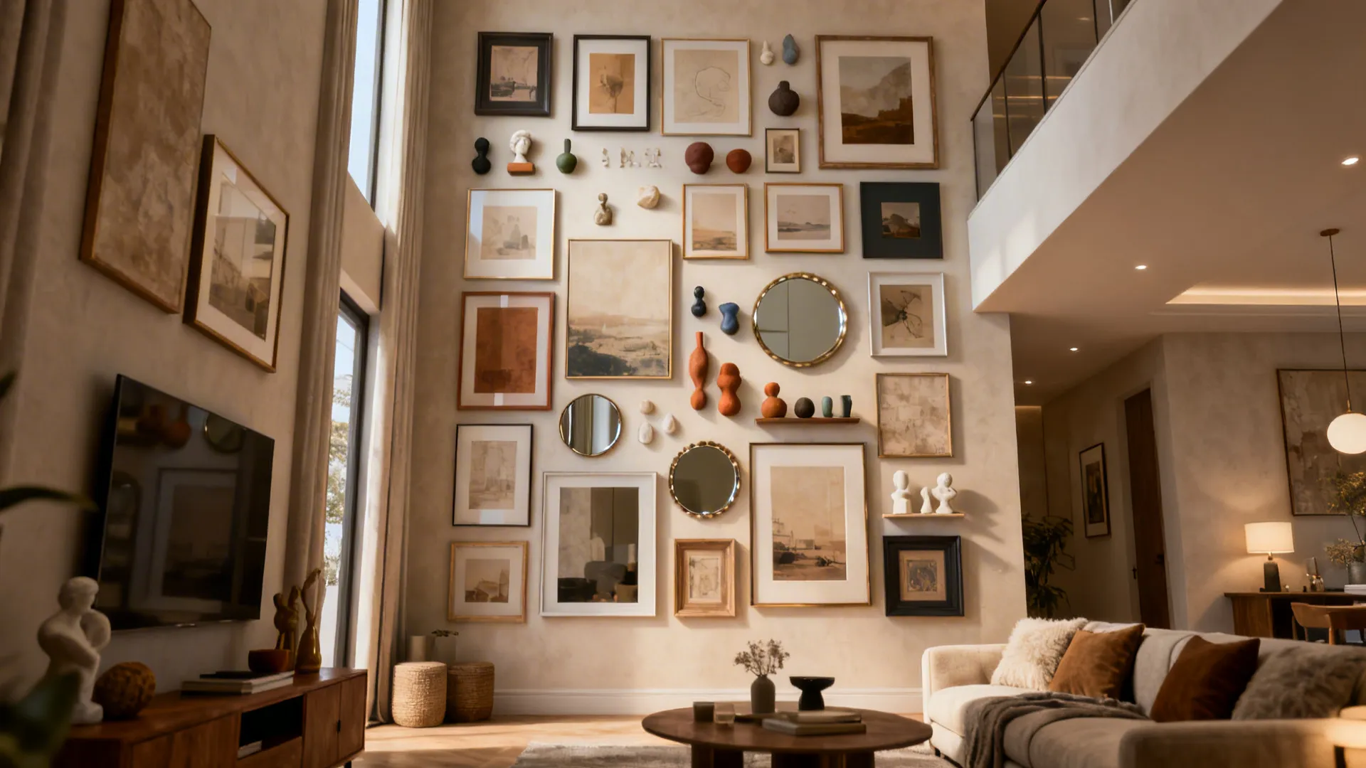 Floor-to-ceiling gallery wall with mixed frames and sculptural pieces in a living room.