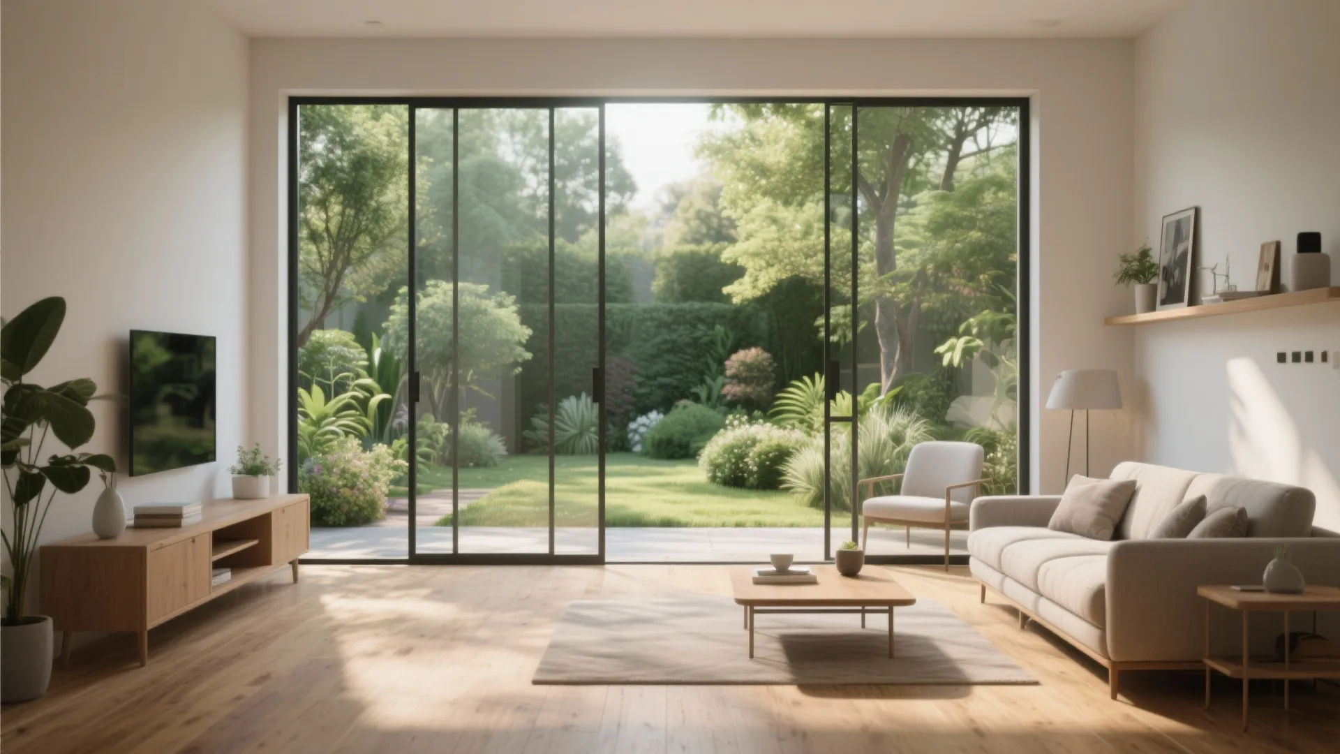 Modern living room featuring large sliding glass doors opening to a lush green garden outside