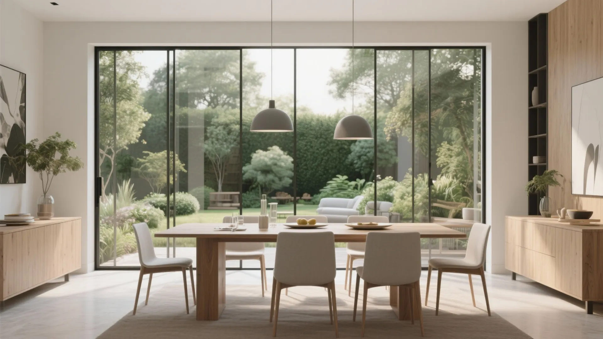 Modern dining room with floor-to-ceiling glass windows and garden view
