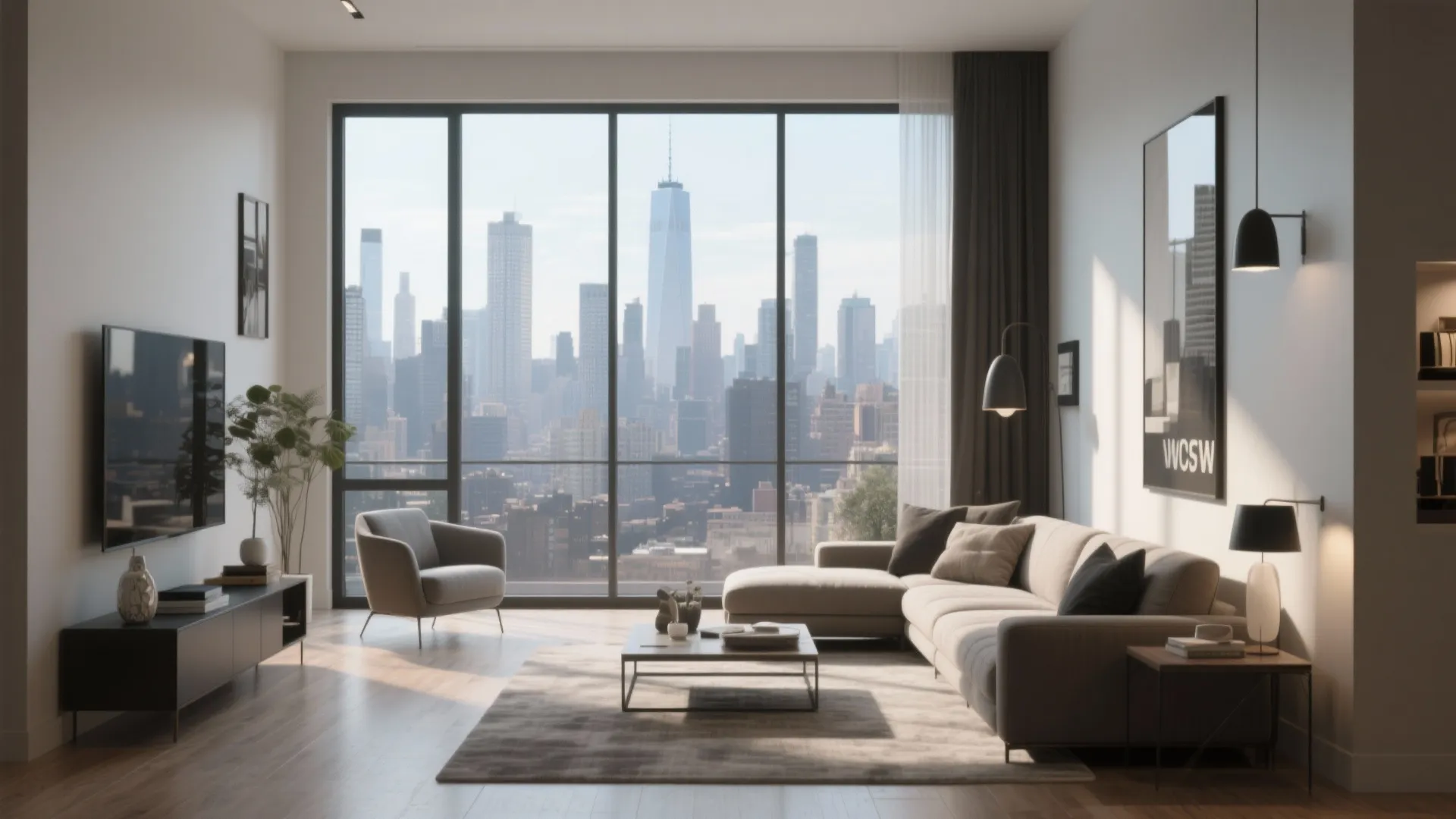 Modern living room with floor to ceiling windows showing a city skyline and grey furniture