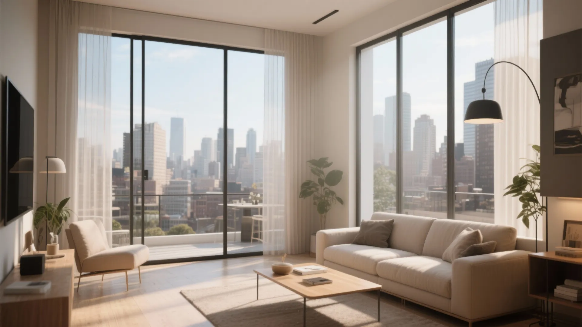 Modern bright living room with large glass windows white sofa wooden coffee table and city view