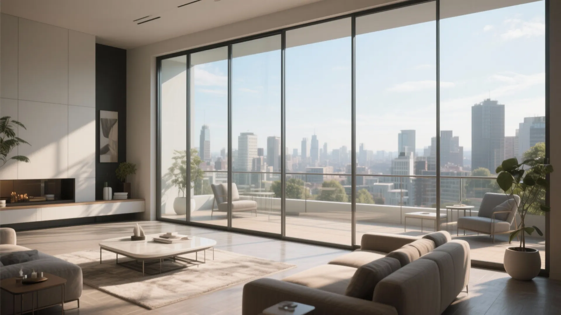 Modern living room with glass windows overlooking city skyline including grey sofa and coffee table