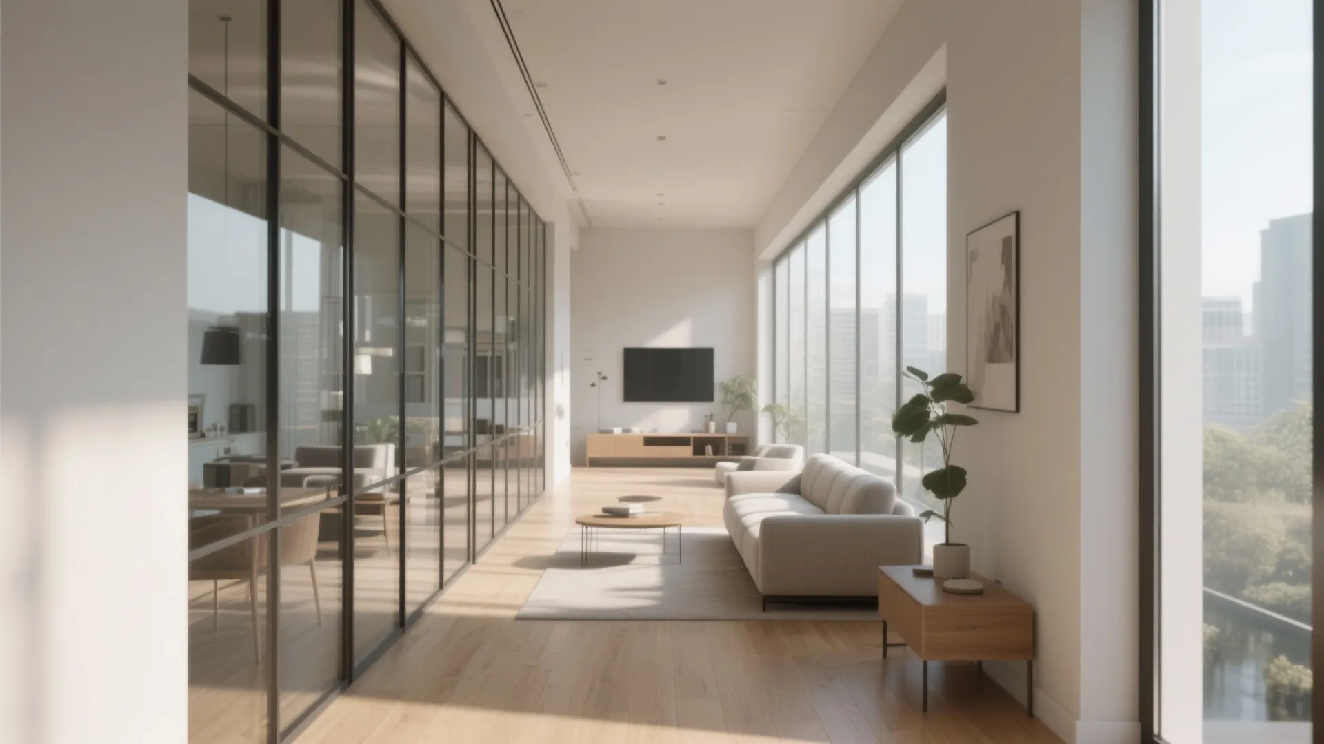 Spacious long living room featuring large glass walls wooden floors white sofa and natural light