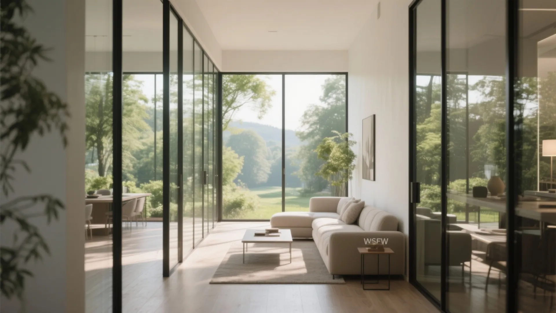 Minimalist living area with large glass walls showing a green forest view and white sofa