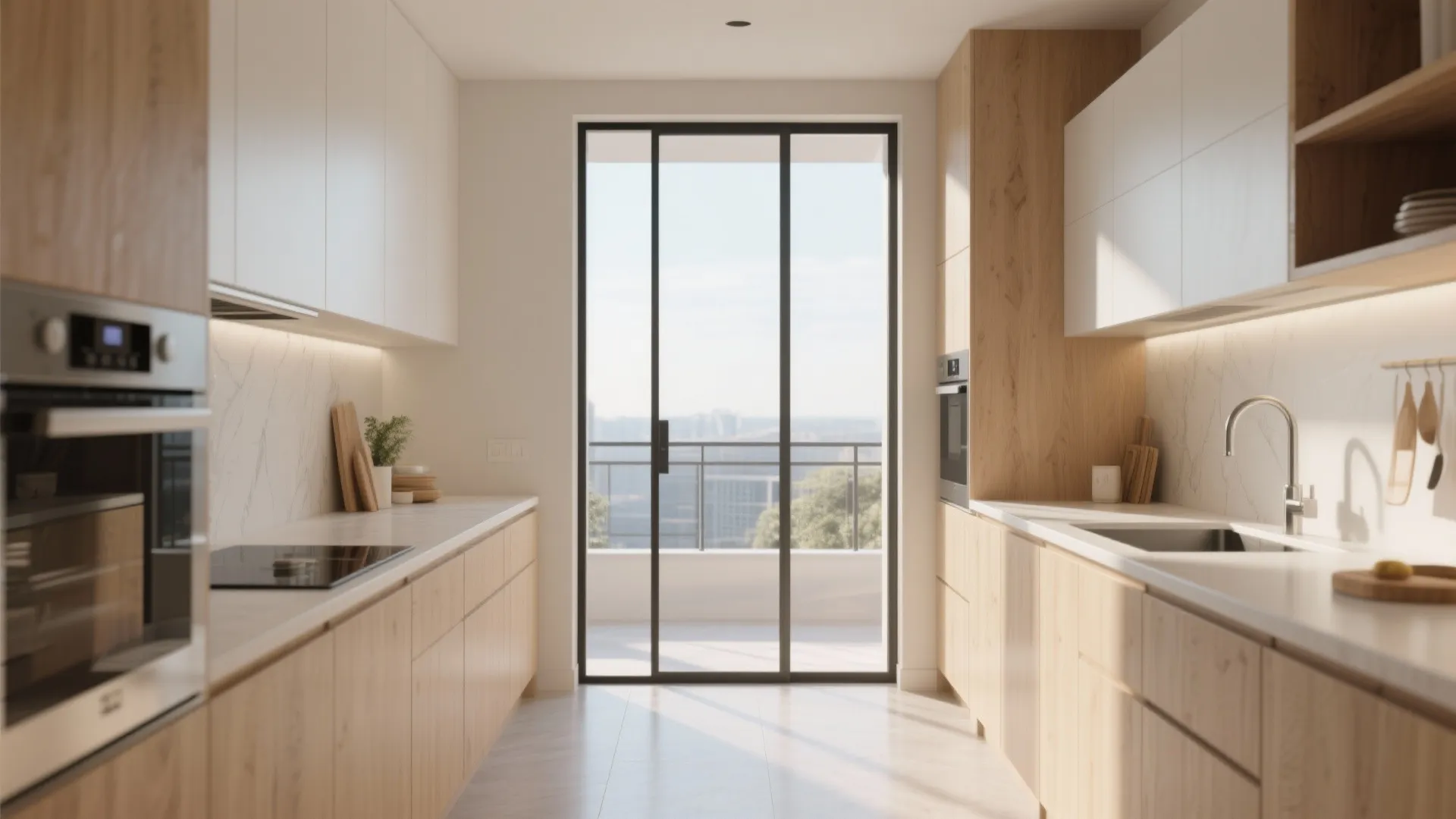Modern kitchen featuring light wood cabinets white countertops and sliding glass door leading to balcony