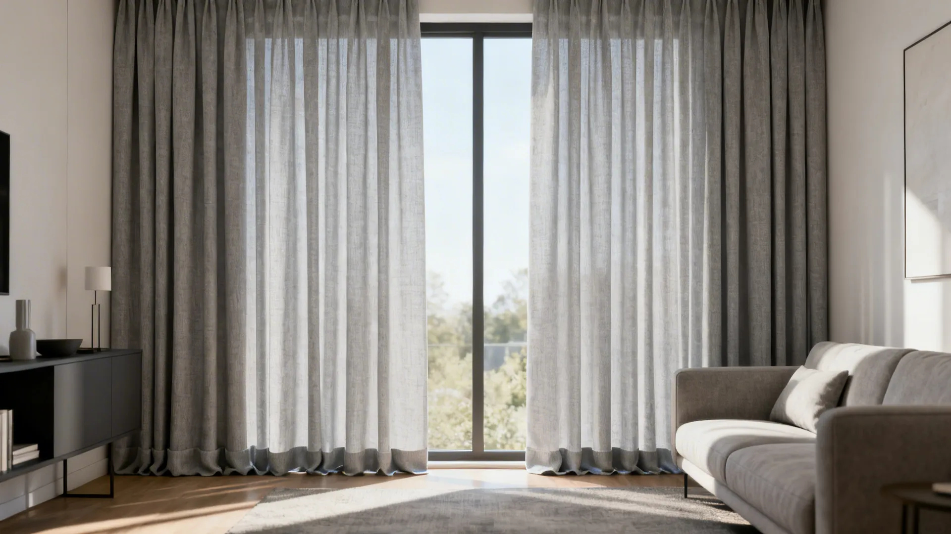 Small living room with floor-to-ceiling light grey panels that raise the ceiling visually.