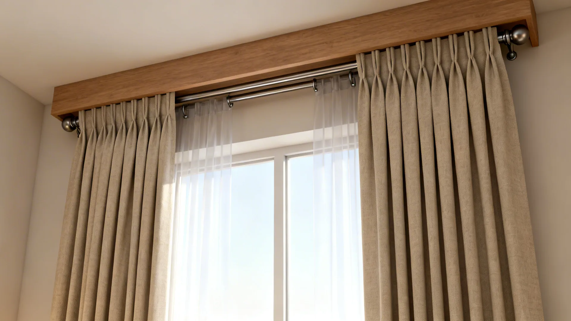 Tall living room window with floor-to-ceiling linen pinch pleat curtains and sheers creating height.