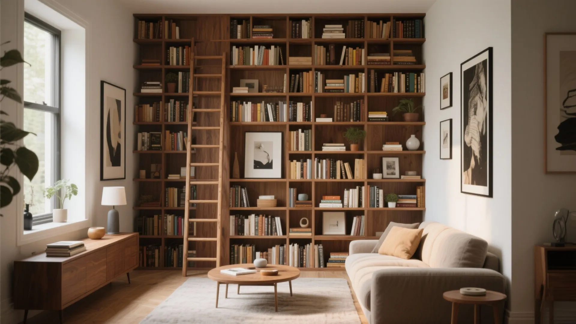 Floor-to-ceiling built-in library wall in living room