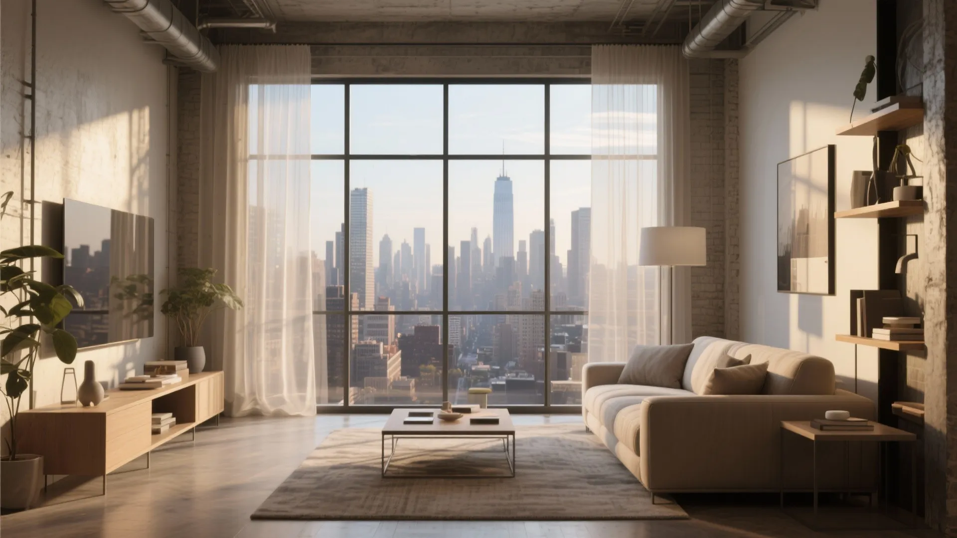 Urban loft living room with full-height glass windows and city view