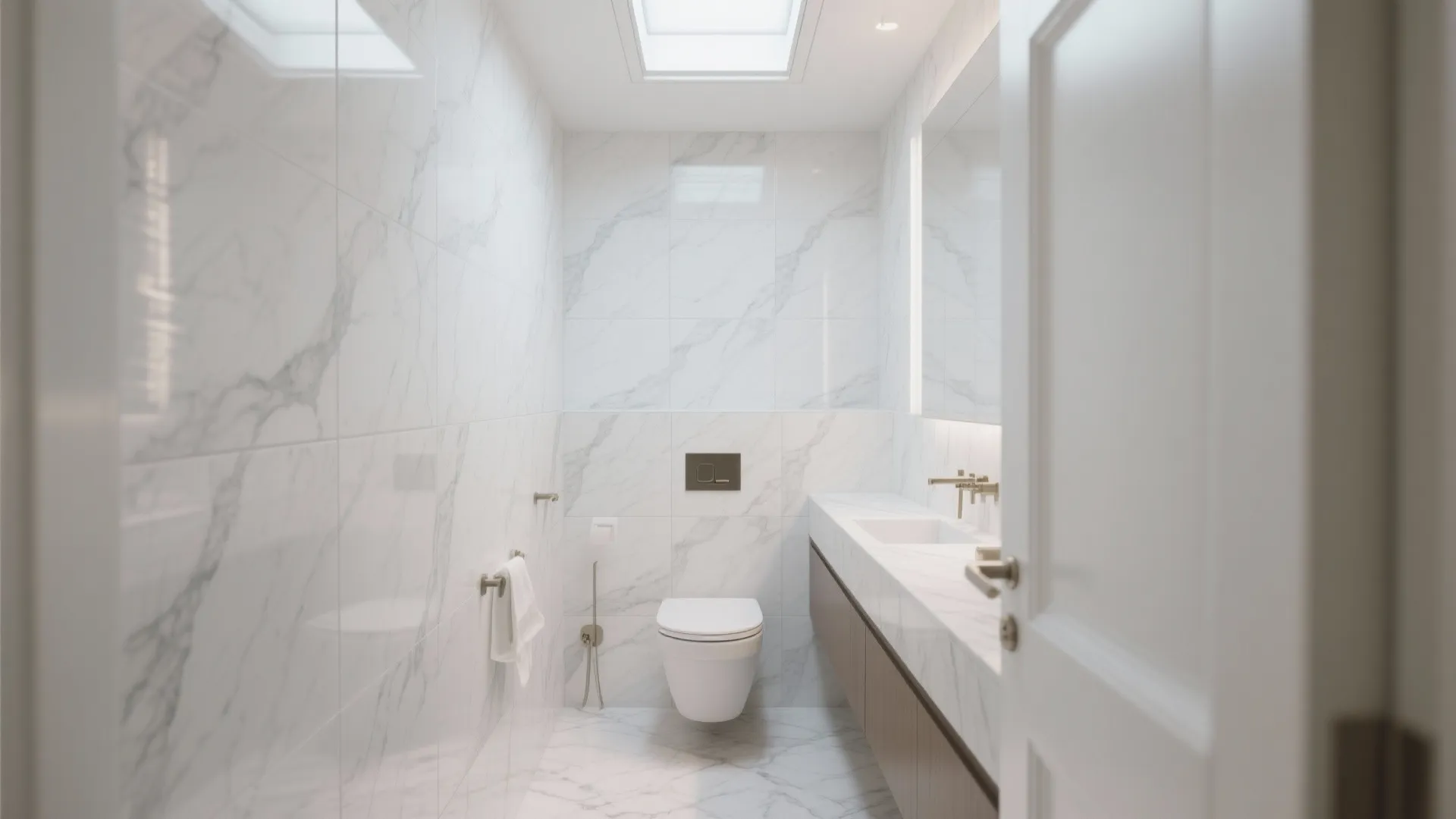 Small bathroom wrapped in white marble tiles floor to ceiling