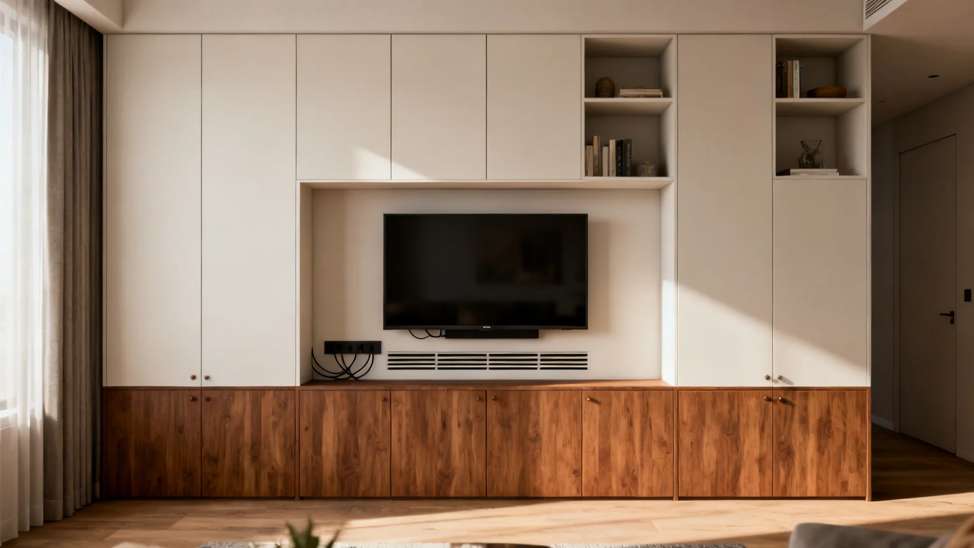 Minimalist floor to ceiling wall cabinet with white doors, wooden base, and central television nook